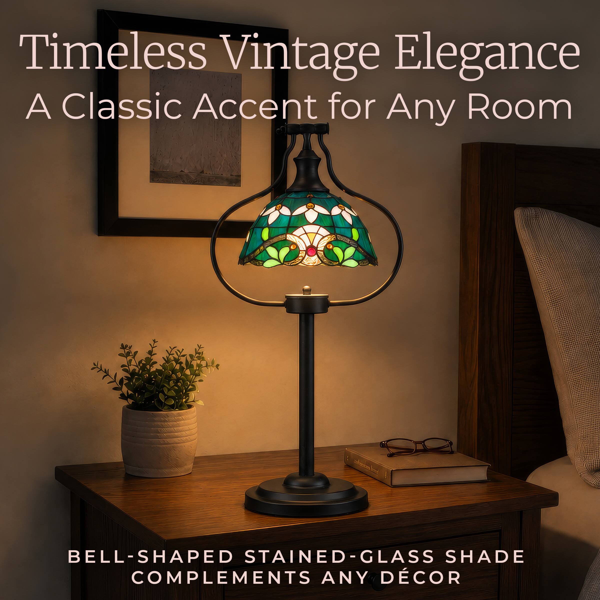 Timeless Vintage Elegance  
A Classic Accent for Any Room  

BELL-SHAPED STAINED-GLASS SHADE COMPLEMENTS ANY DÉCOR