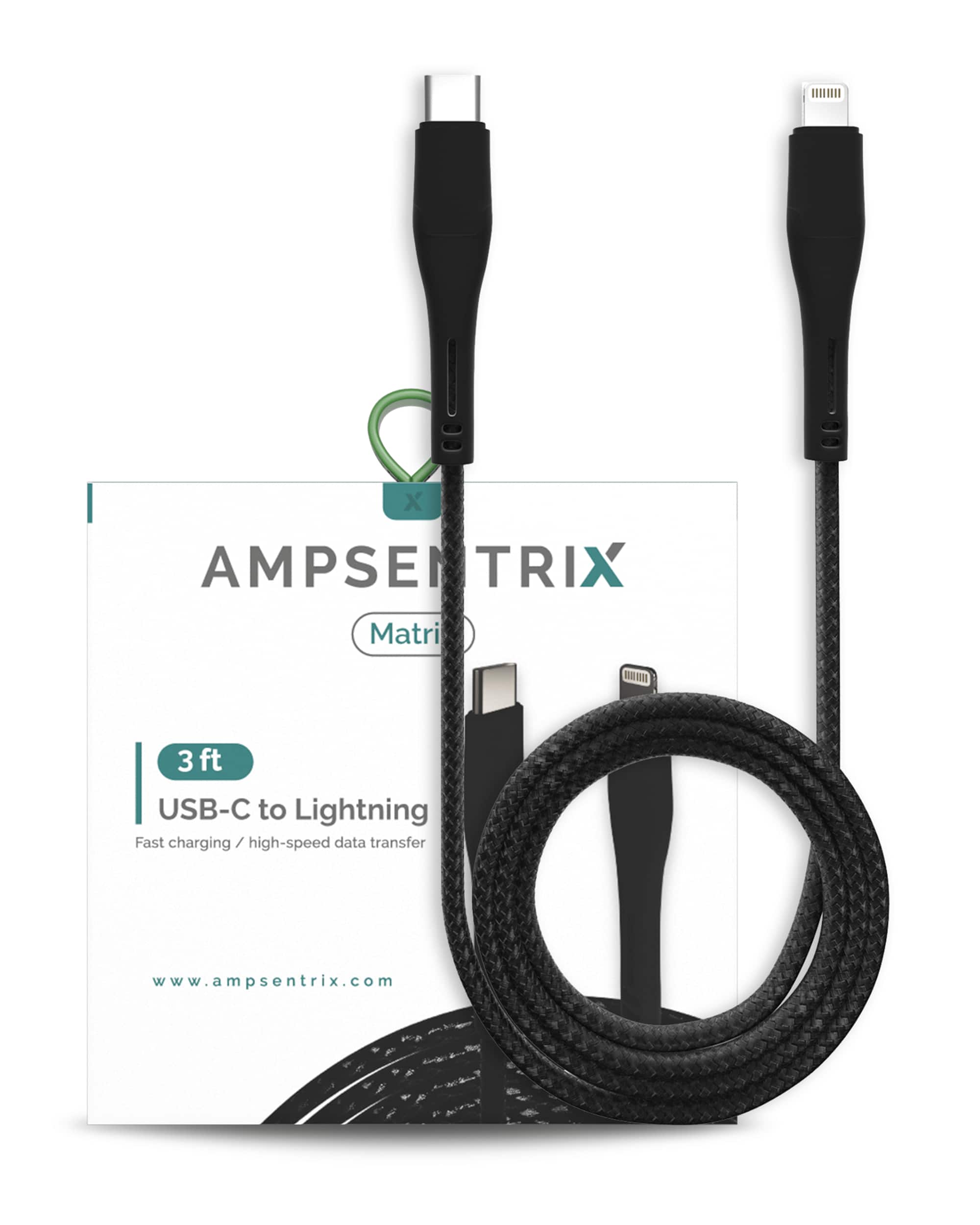Ampsentrix - 3 ft Non-MFI Lightning To USB Type C Cable (Matrix) - Black