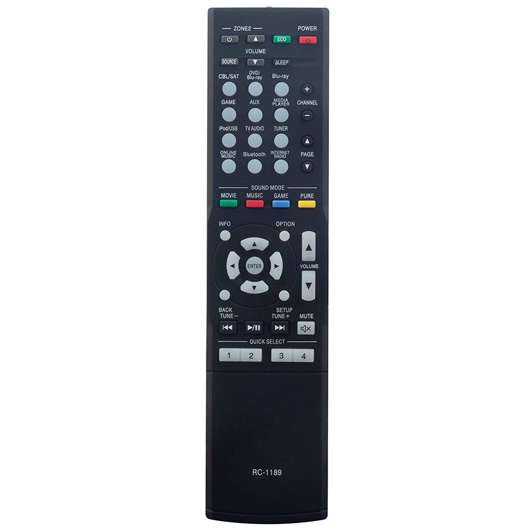 ZONE2  
POWER  
ECO  
SLEEP  
Blu-ray  
MEDIA PLAYER  
CHANNEL  
TUNER  
INTERNET RADIO  
PAGE  
MOVIE  
MUSIC  
SOUND MODE  
GAME  
PURE  
INFO  
OPTION  
ENTER  
VOLUME  
BACK TUNE  
TUNE  
MUTE  
QUICK SELECT  
1  
2  
3  
4  
RC-1189