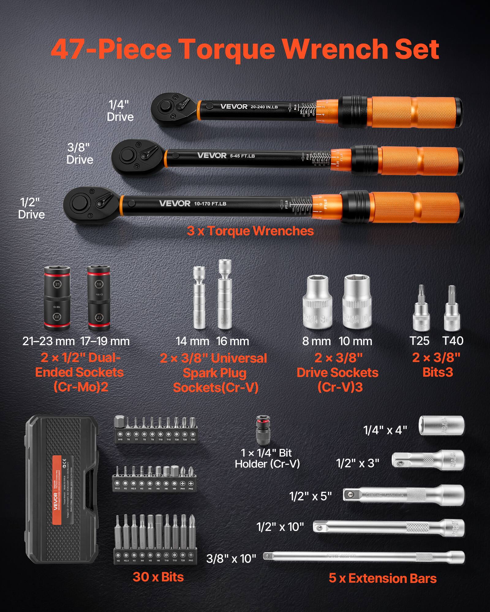 47-Piece Torque Wrench Set

1/4" Drive
VEVOR 20-240 IN.LB

3/8" Drive
VEVOR 5-45 FT.LB

1/2" Drive
VEVOR 10-170 FT.LB

3 x Torque Wrenches

21-23 mm 17-19 mm
2 x 1/2" Dual-Ended Sockets (Cr-Mo)

14 mm 16 mm
2 x 3/8" Universal Spark Plug Sockets (Cr-V)

8 mm 10 mm
2 x 3/8" Drive Sockets (Cr-V)

T25 T40
2 x 3/8" Bits

1/4" x 4" e
1 x 1/4" Bit Holder (Cr-V)

1/2" x 3"
1/2" x 5"
1/2" x 10"

30 x Bits
3/8" x 10"

5 x Extension Bars