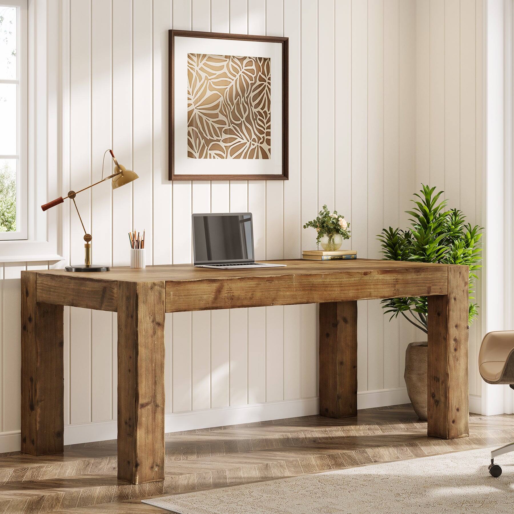 Alt View 2. Tribesigns - Office Executive Desk with Solid Wood Construction, for Computer Work and Writing in Home Offices - Brown.