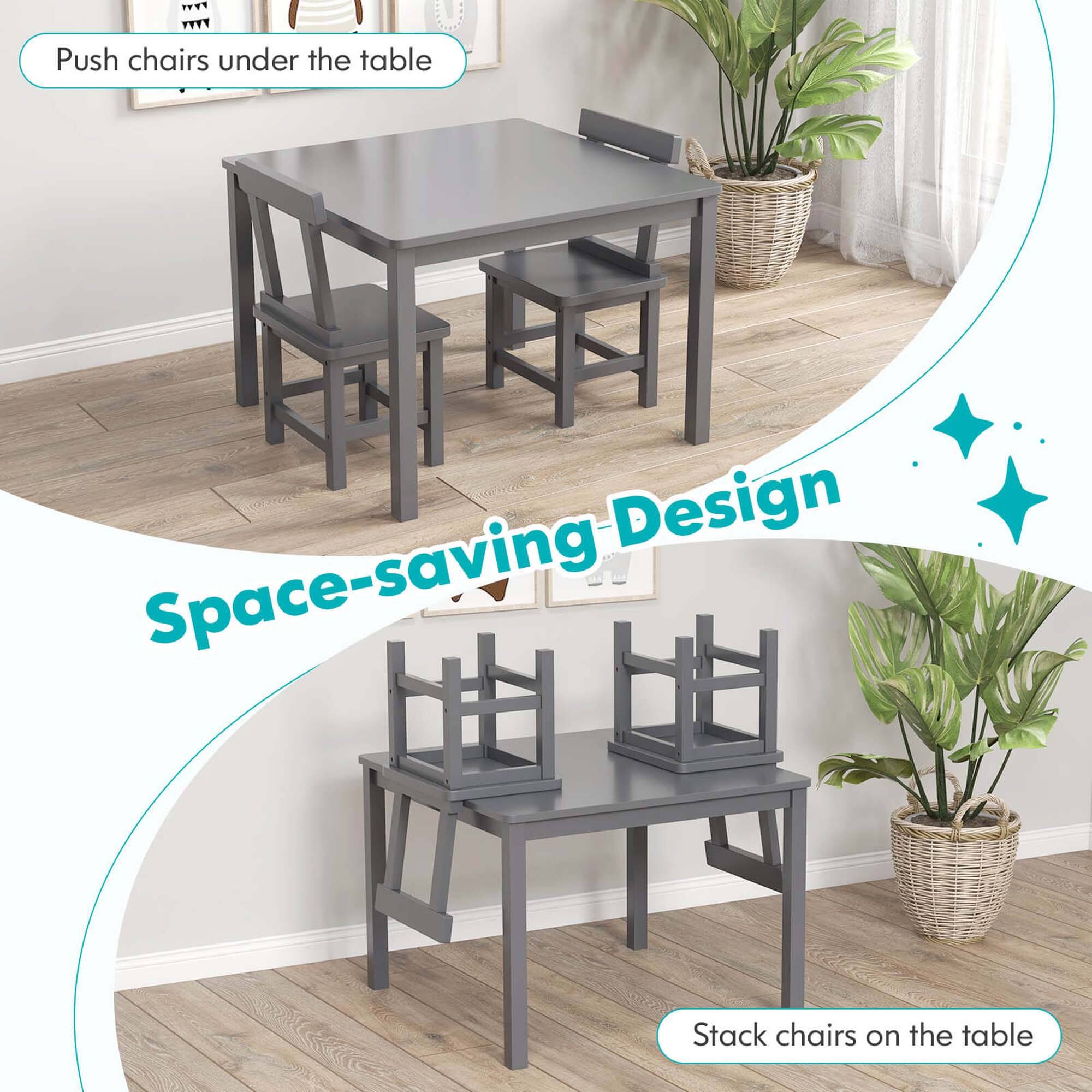Space-saving, Push chairs under the table, Stack chairs on the table