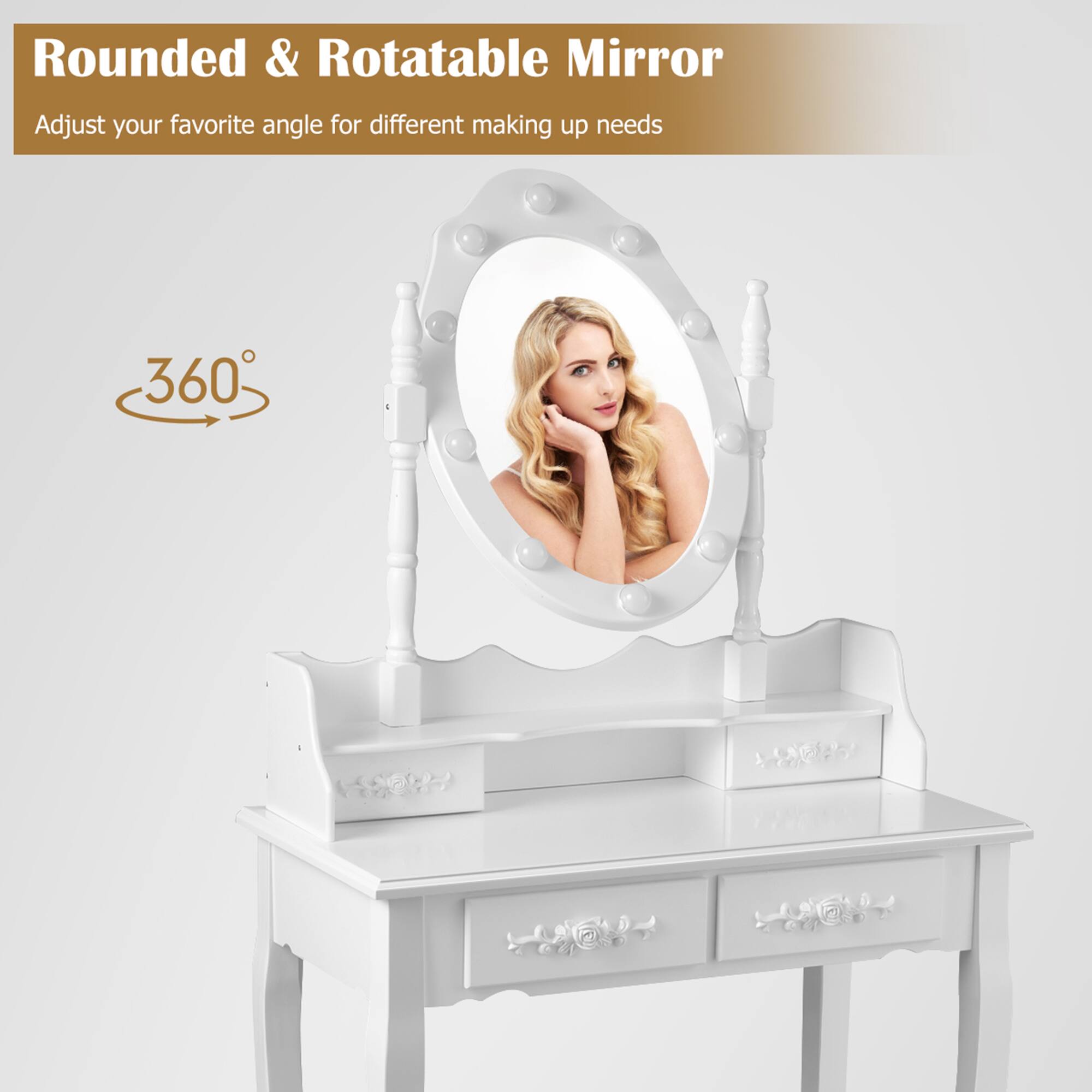 Rounded & Rotatable Mirror  
Adjust your favorite angle for different making up needs  

360°