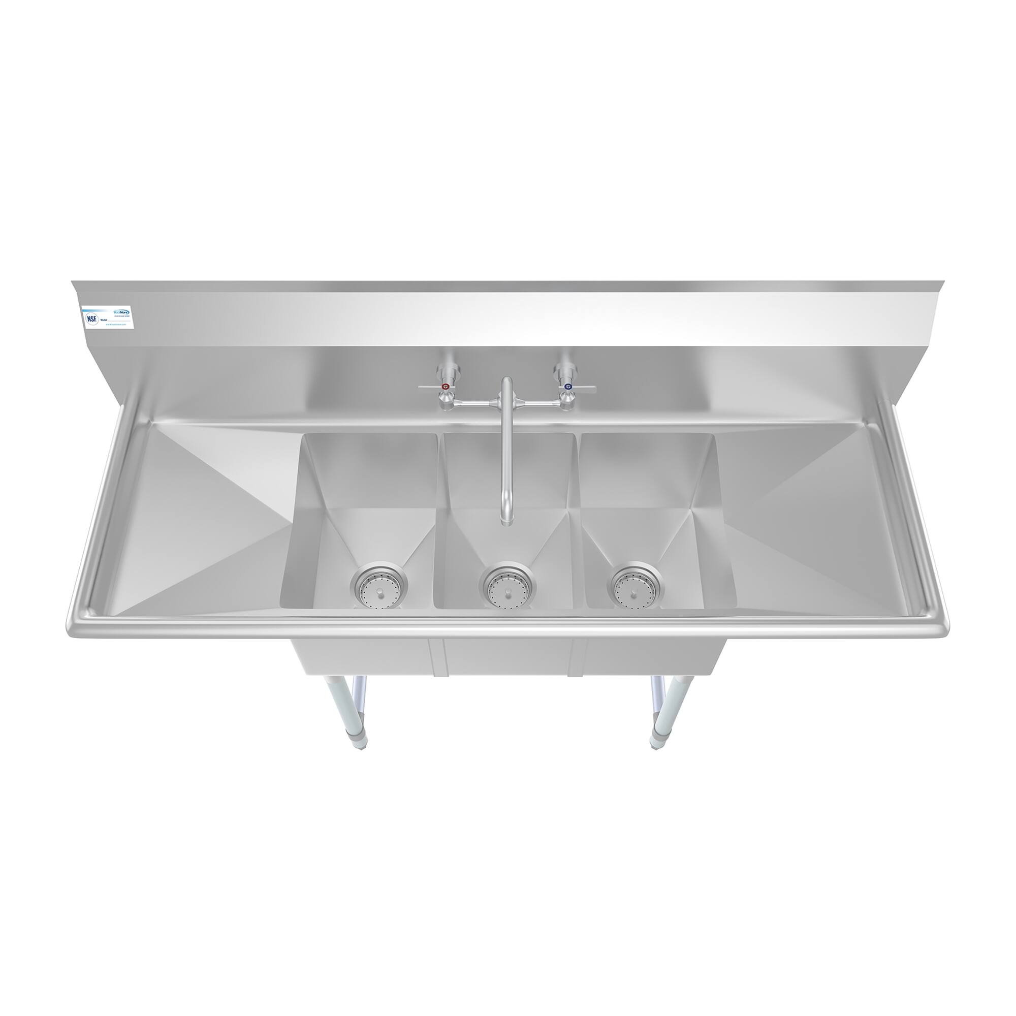 Angle. Koolmore - 54 in. Three Compartment Stainless Steel  Sink with Faucet and Drainboards, Bowl Size 10"x 10"x 14" - Stainless Steel.