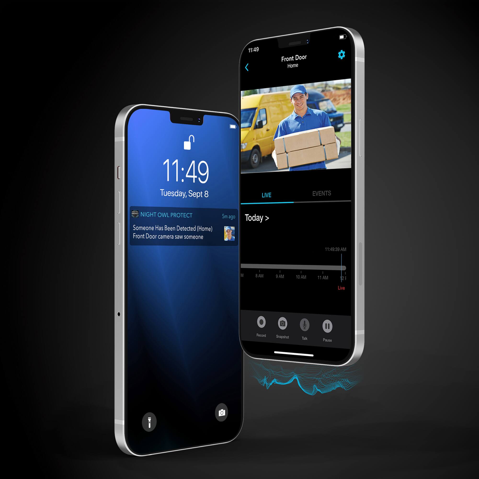 11:49 Front Door Home [11:49 Tuesday, Sept 8 LIVE EVENTS NIGHT OWL PROTECT Someone Has Been Detected (Home) Front Door camera saw someone Sm ago Today > 11:42:30]