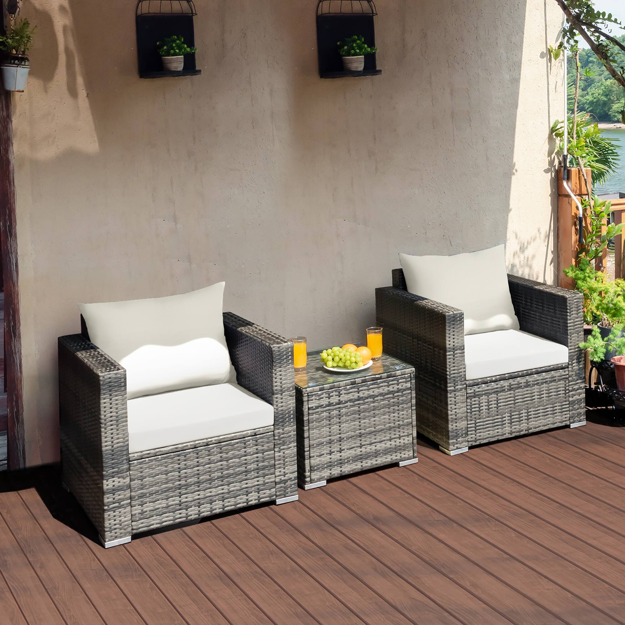 Alt View 1. Costway - 3 PC Patio Rattan Furniture Bistro Set Cushioned Sofa Chair Table - White.