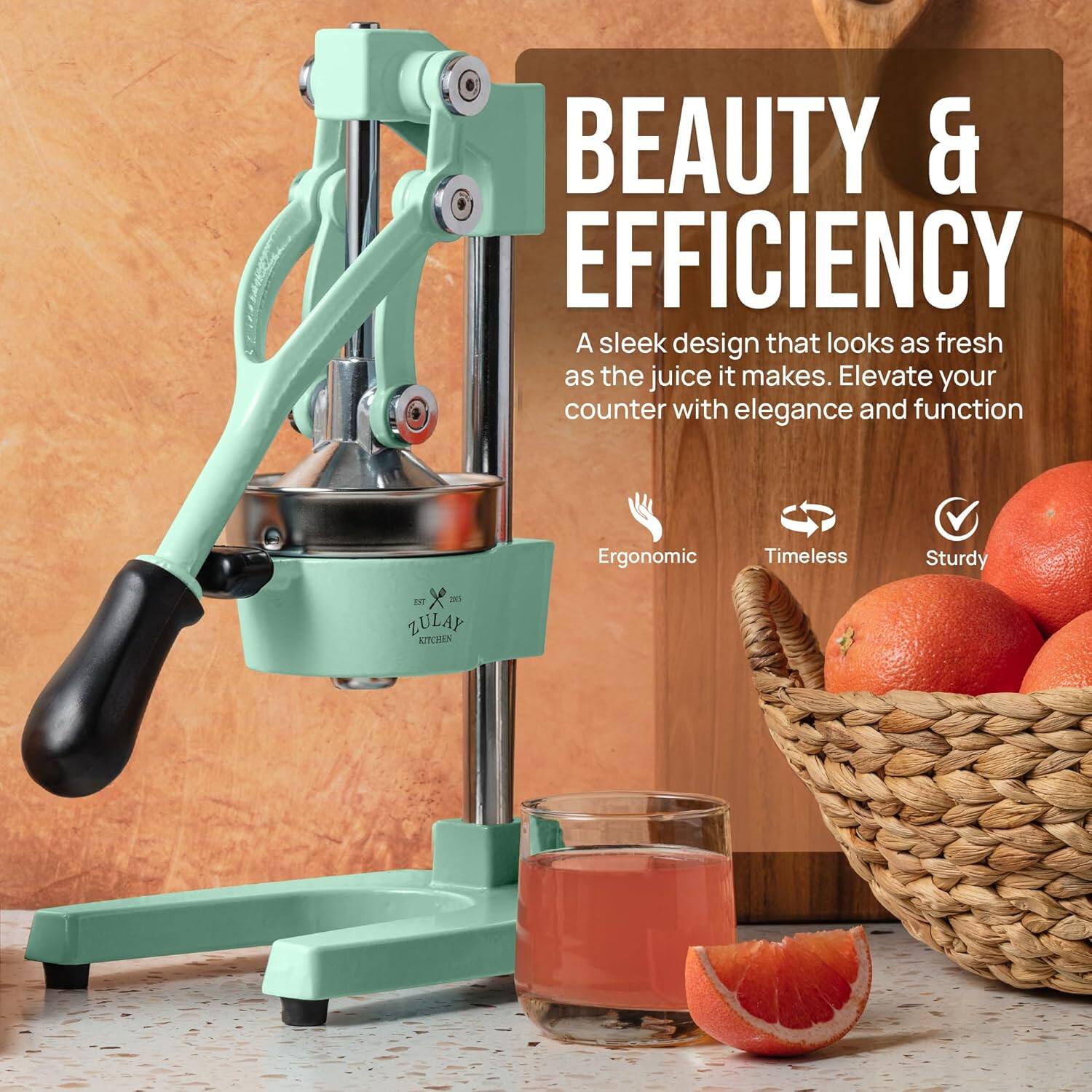 BEAUTY & EFFICIENCY  
A sleek design that looks as fresh as the juice it makes. Elevate your counter with elegance and function  

ME x ml  
ZULAP KITCHEN  

Ergonomic  
Timeless  
Sturdy
