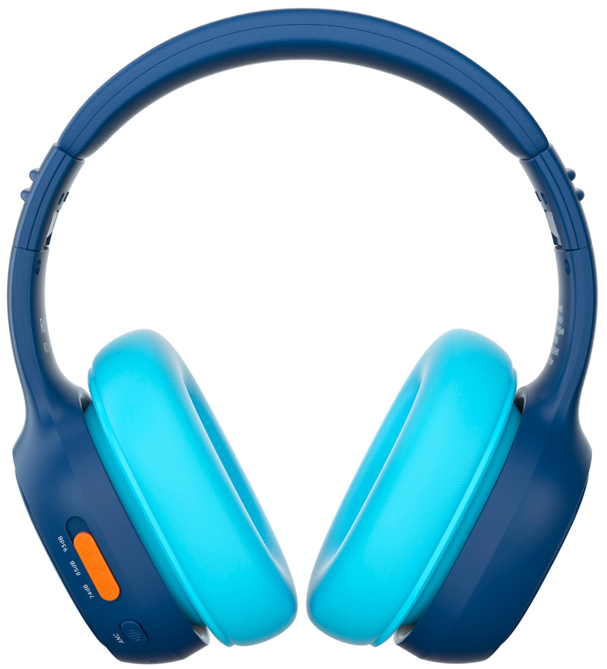I have a pair of blue headphones with a blue and orange button on the side.