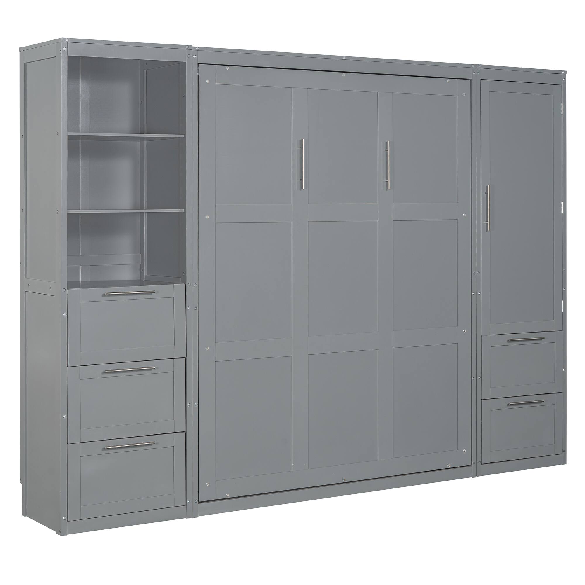 Alt View 4. Tiramisubest - Queen Size Murphy Bed with Closet, Drawers & Shelves, Gray, MDF+LVL - Gray.