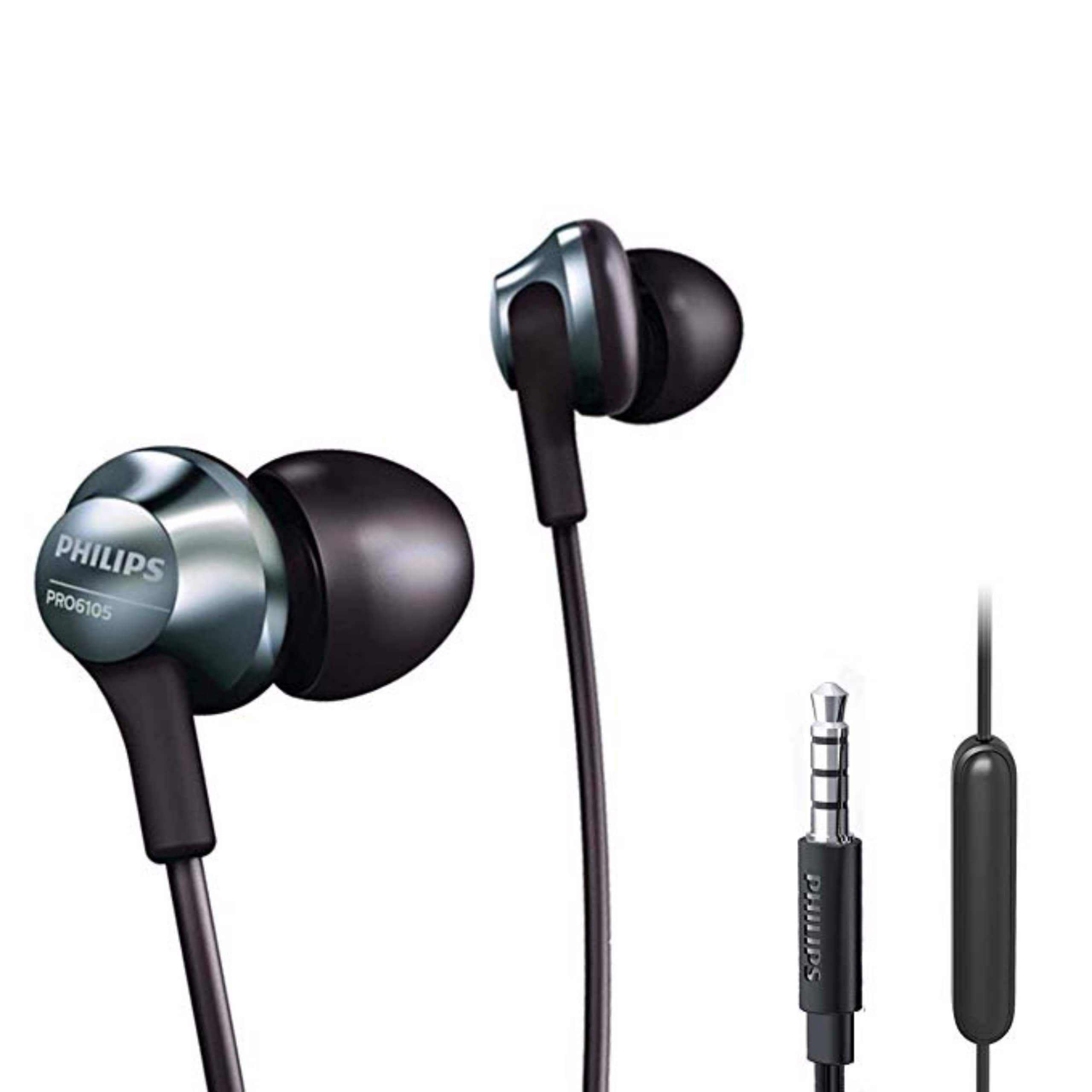 Philips - Wired Earbuds With Microphone, Hi-Res Audio, 3.5mm Jack, Aluminum Build, 3 Extra Eartips (PRO6105BK) - Black