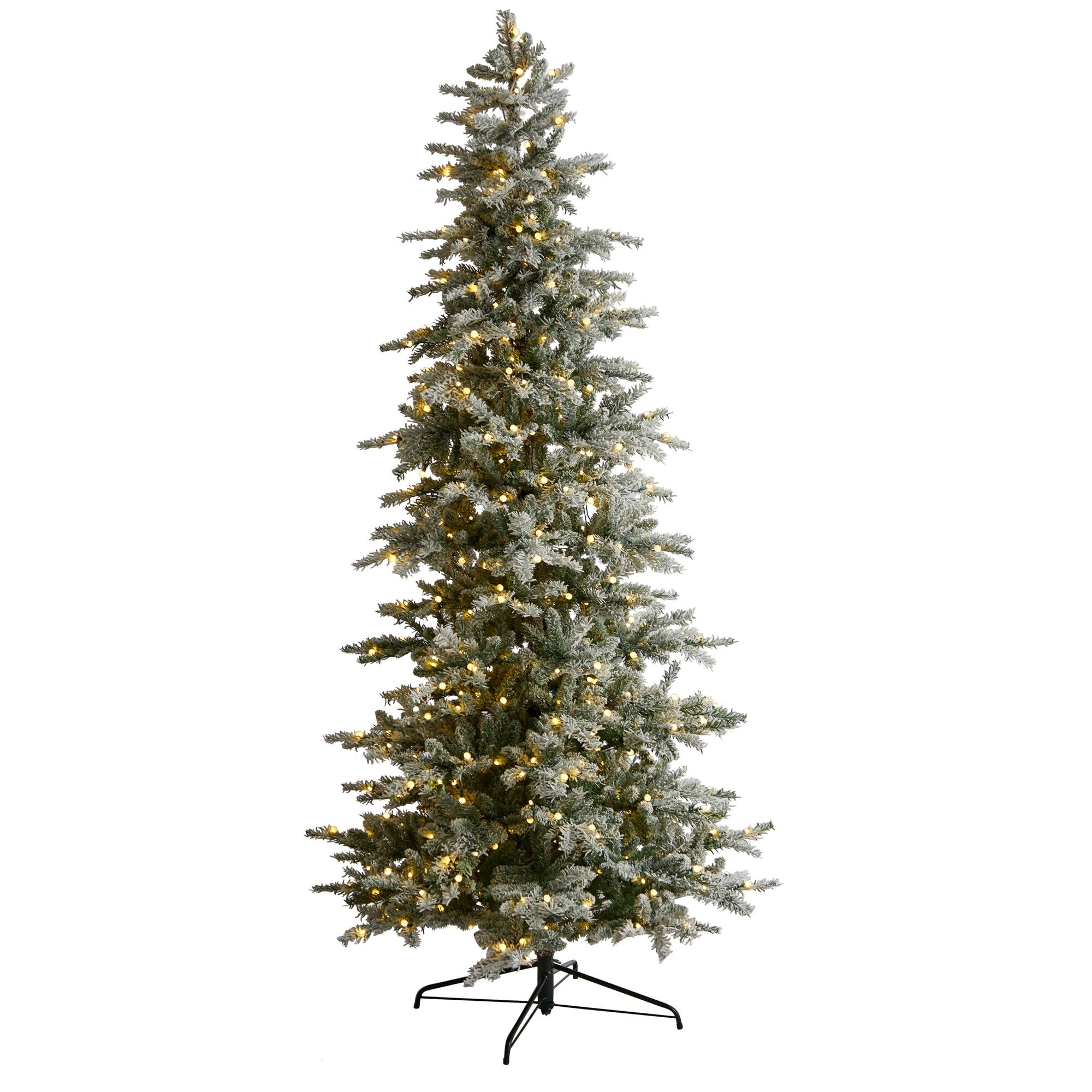 Front. BreeBe - 8.5’ Slim Flocked Nova Scotia Spruce Christmas Tree - White, Green.