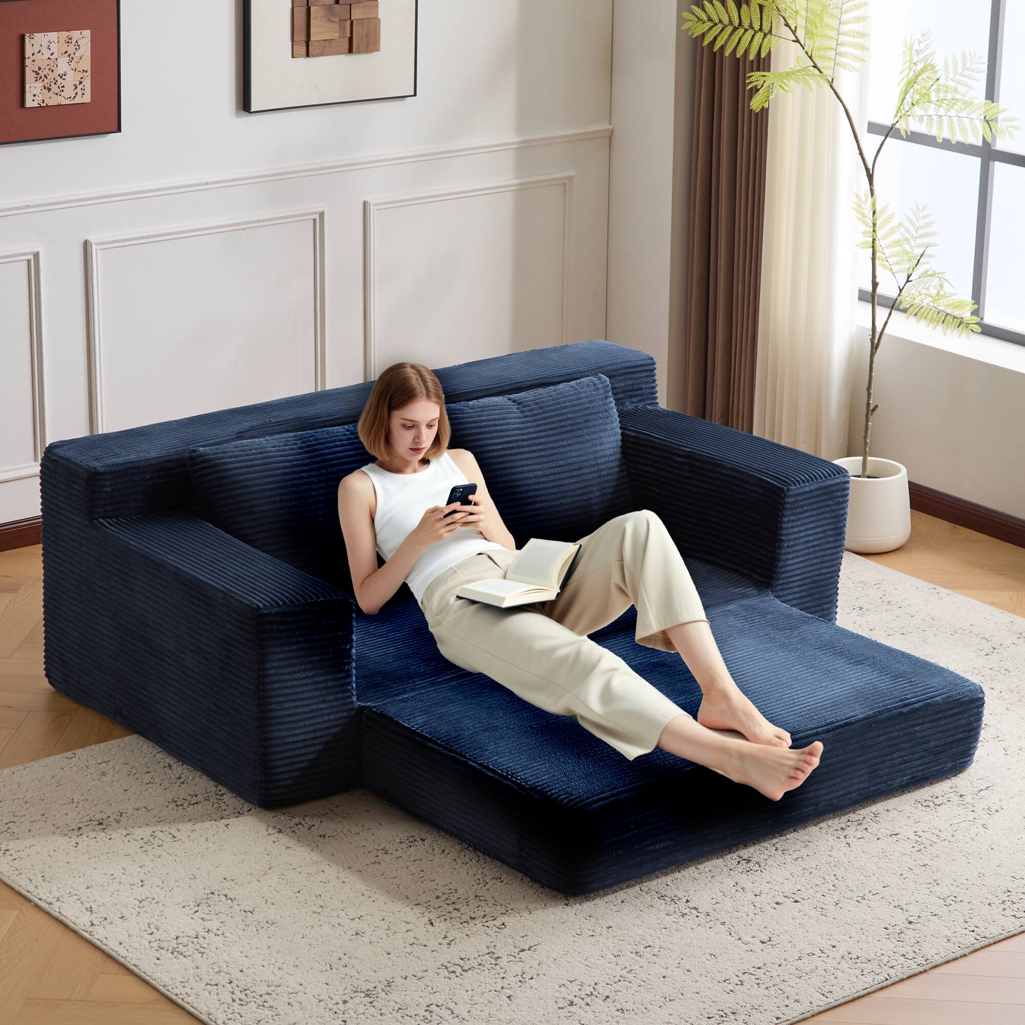 Alt View 3. Anysun - Loveseat Sofa Bed - Deep-Seat Corduroy Couch with Reversible Cushion & Pillows, No Assembly - Blue.