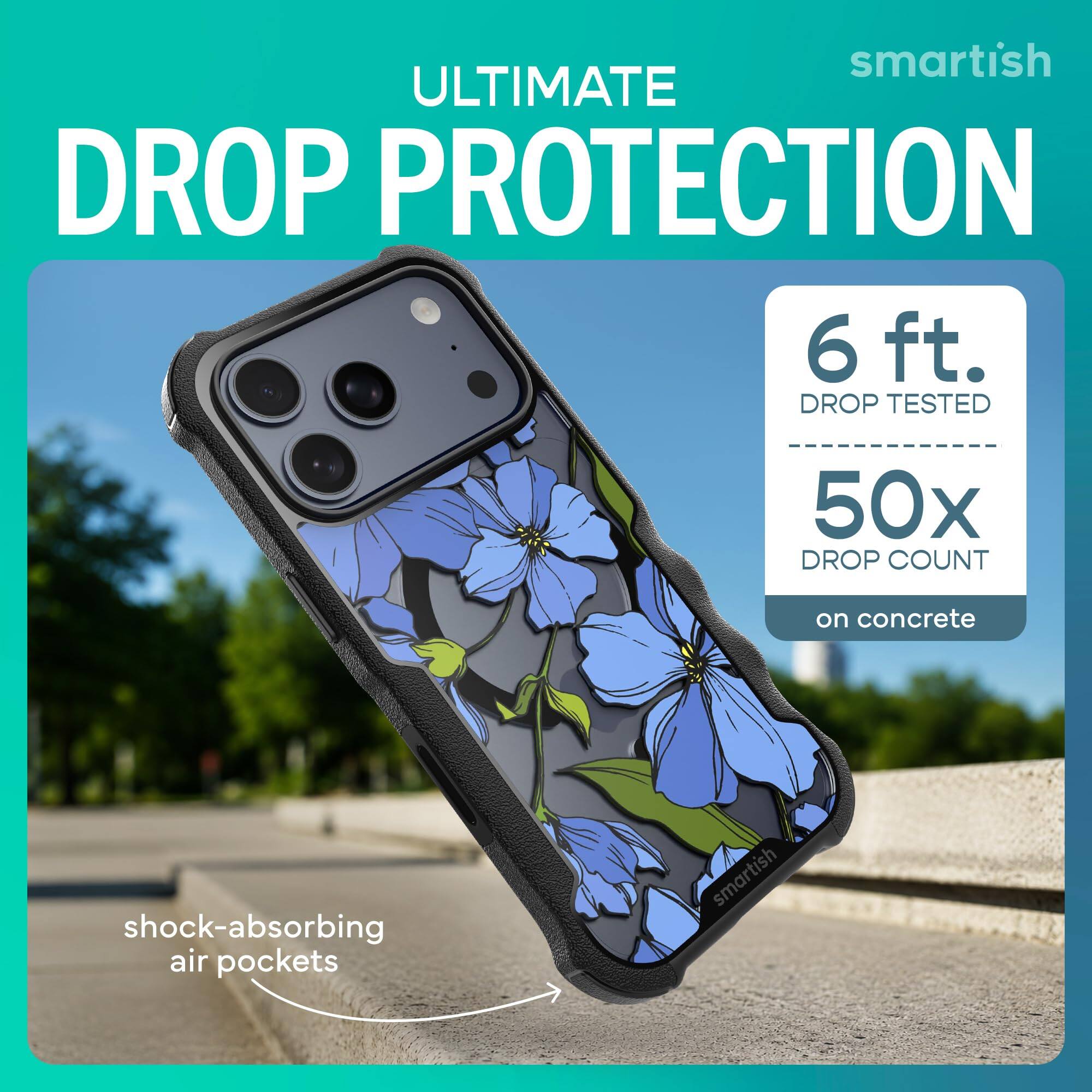 smartish ULTIMATE DROP PROTECTION  
6 ft. DROP TESTED  
50x DROP COUNT  
on concrete  
shock-absorbing air pockets  
smartish
