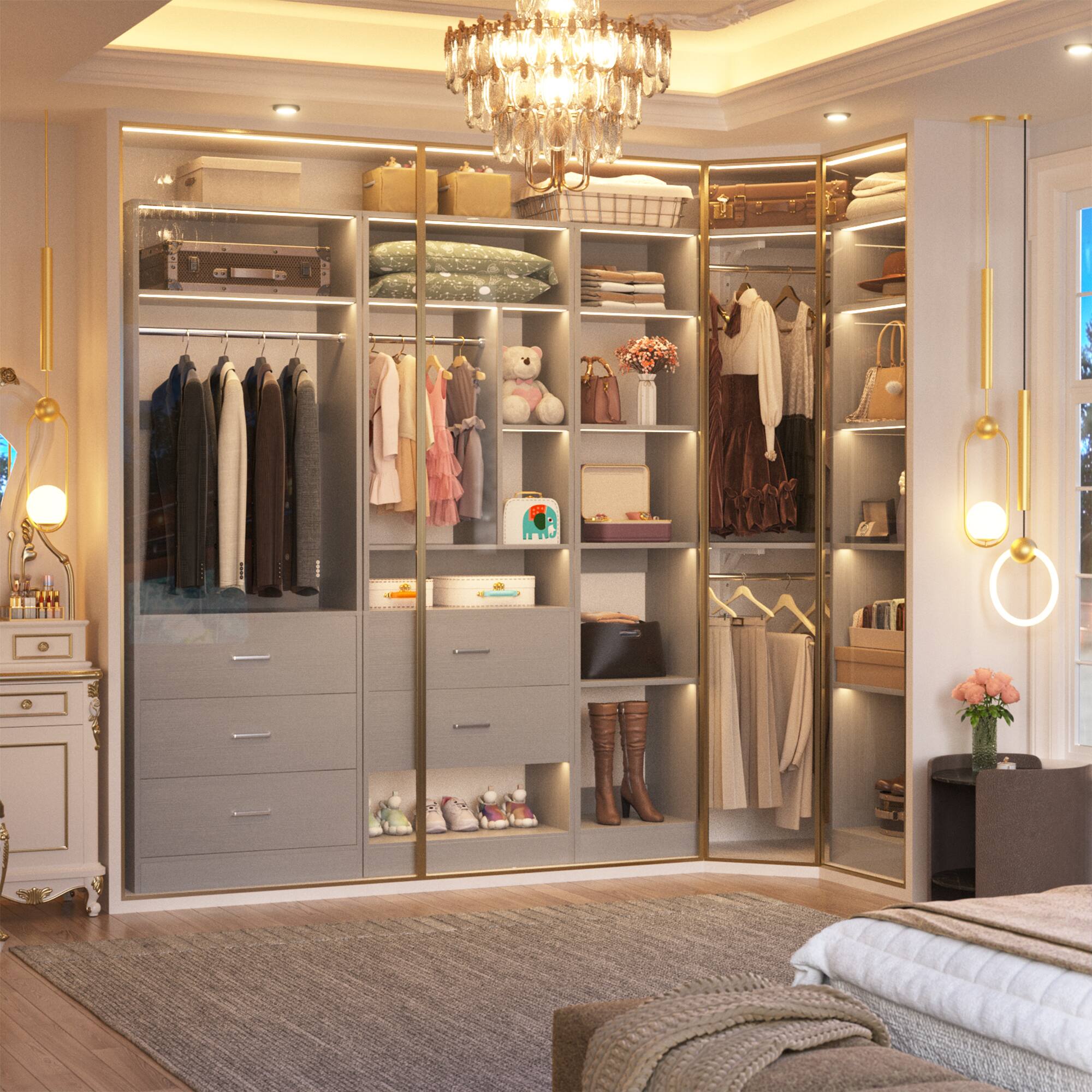 Left. Aheaplus - L-Shaped Closet System: 5-Drawer + 15+ Shelves + 4 Hanging Rods, Fits 63''-87'' Spaces, 2500lb Industrial-Grade Capacity - Gray.