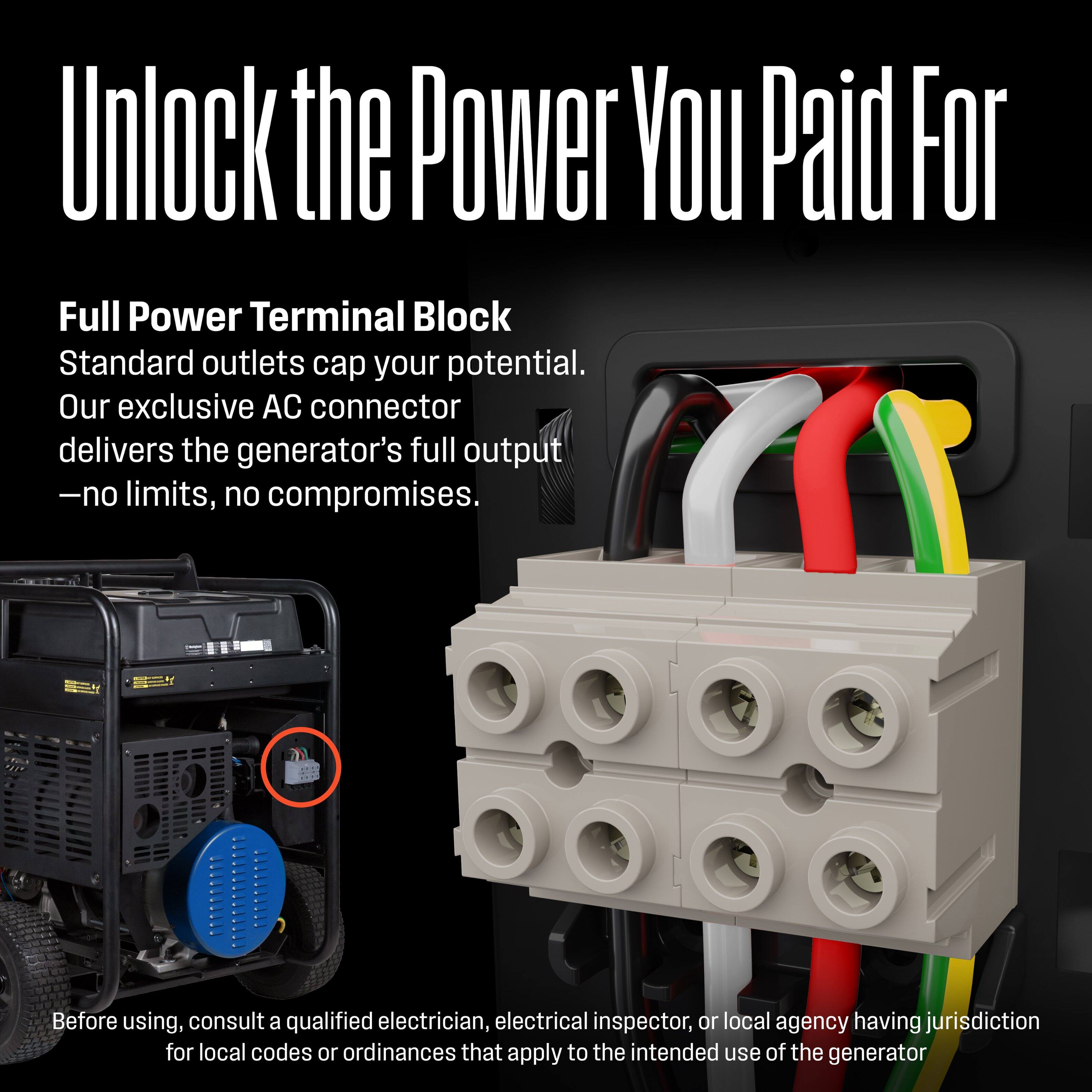 Unlock the Power You Paid For

Full Power Terminal Block
Standard outlets cap your potential. Our exclusive AC connector delivers the generator's full output - no limits, no compromises.

Before using, consult a qualified electrician, electrical inspector, or local agency having jurisdiction for local codes or ordinances that apply to the intended use of the generator