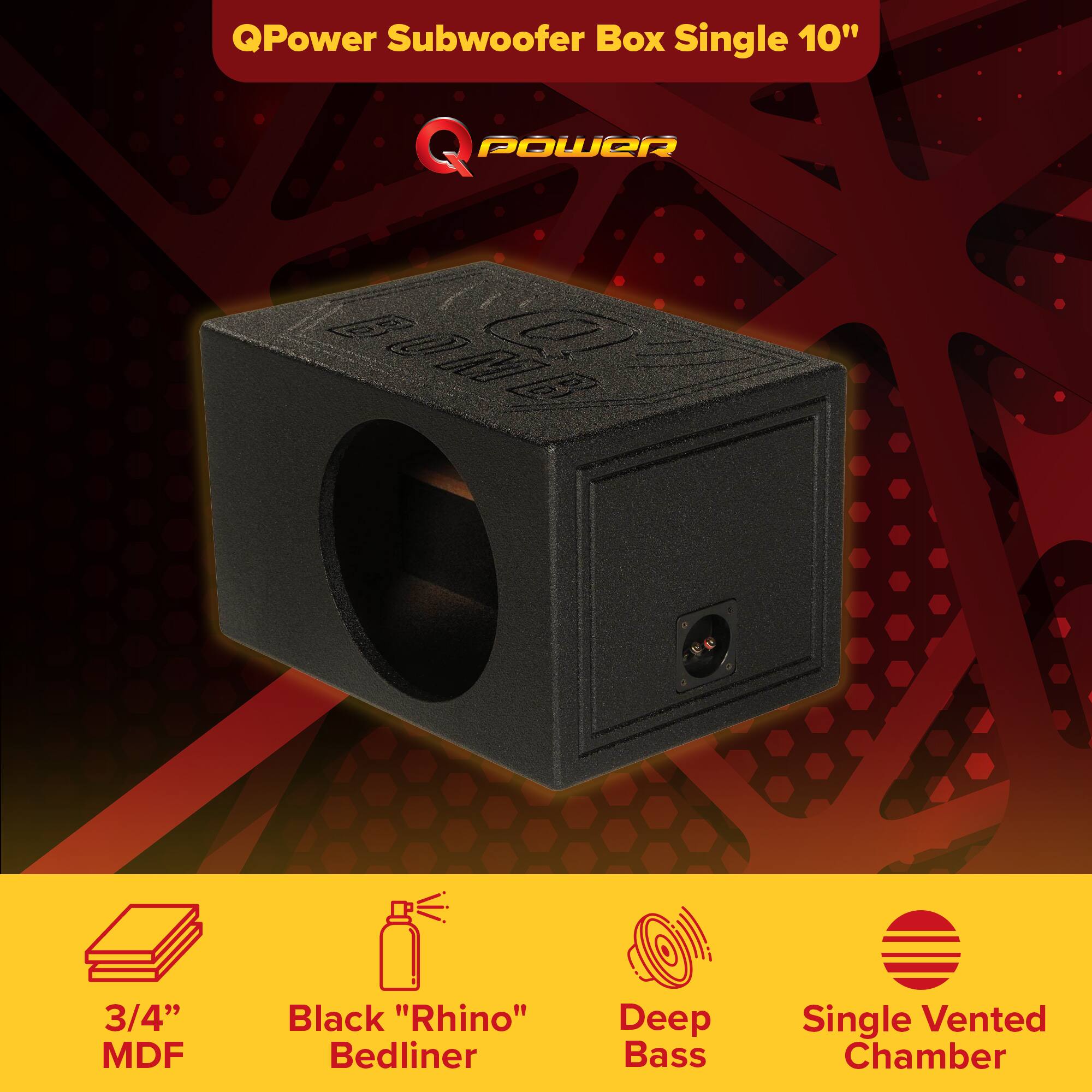 QPower Subwoofer Box Single 10"  
- 3/4" MDF  
- Black "Rhino" Bedliner  
- Deep Bass  
- Single Vented Chamber