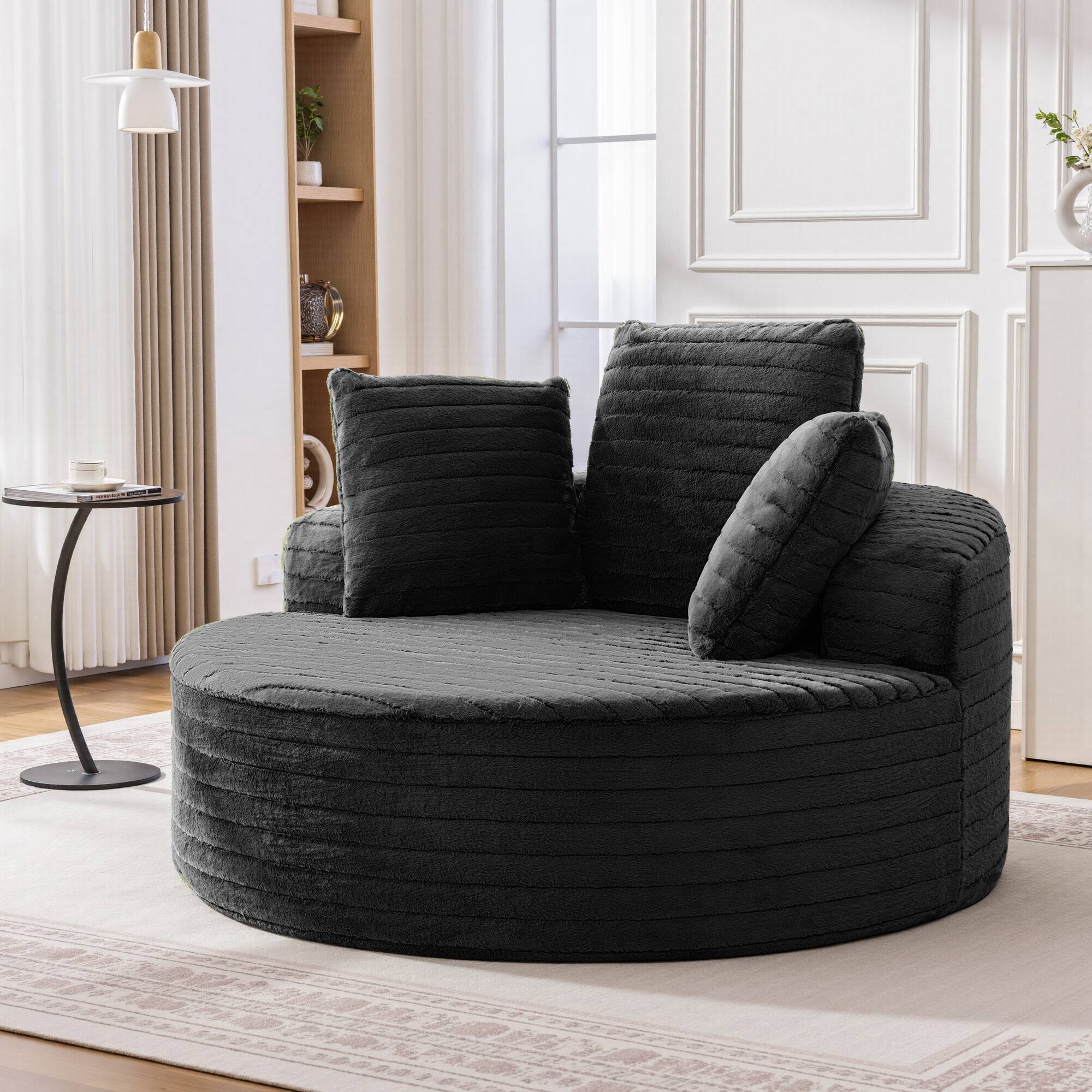 Alt View 5. KERDOM - Oversized Round Sofa, Fluffy 59'' Upholstered Deep Seat Circle Sofa Reading Lounge Chair with Pillows for Living Room - Black.
