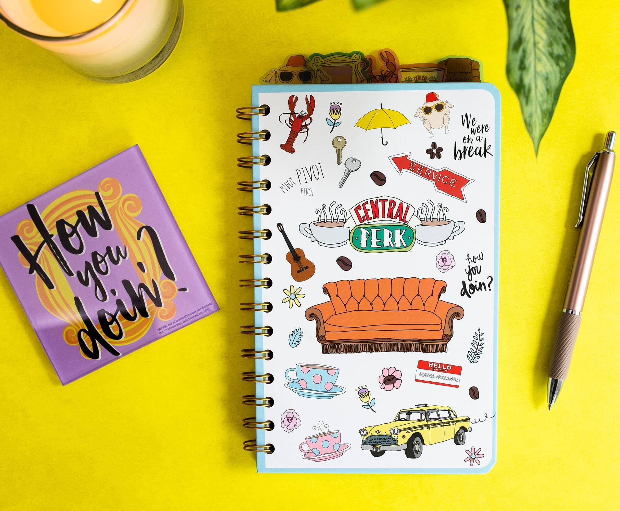 Sure, here is the corrected and grouped text from the image:

---

**How you doin?**

**PIVOT PIVOT PIVOT**

**We were on a break**

**SERVICE CENTRAL PERK**

**hello how you doin?**

**HELLO**

**POULA 75**

---

This text is taken from the notebook and the card in the image.