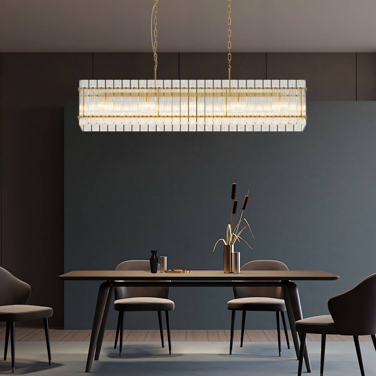 Left. Loheer - Loheer Modern Gold Rectangular Chandelier Crystal Glass Pendant Light with Ten LED Lights for Dining Room.