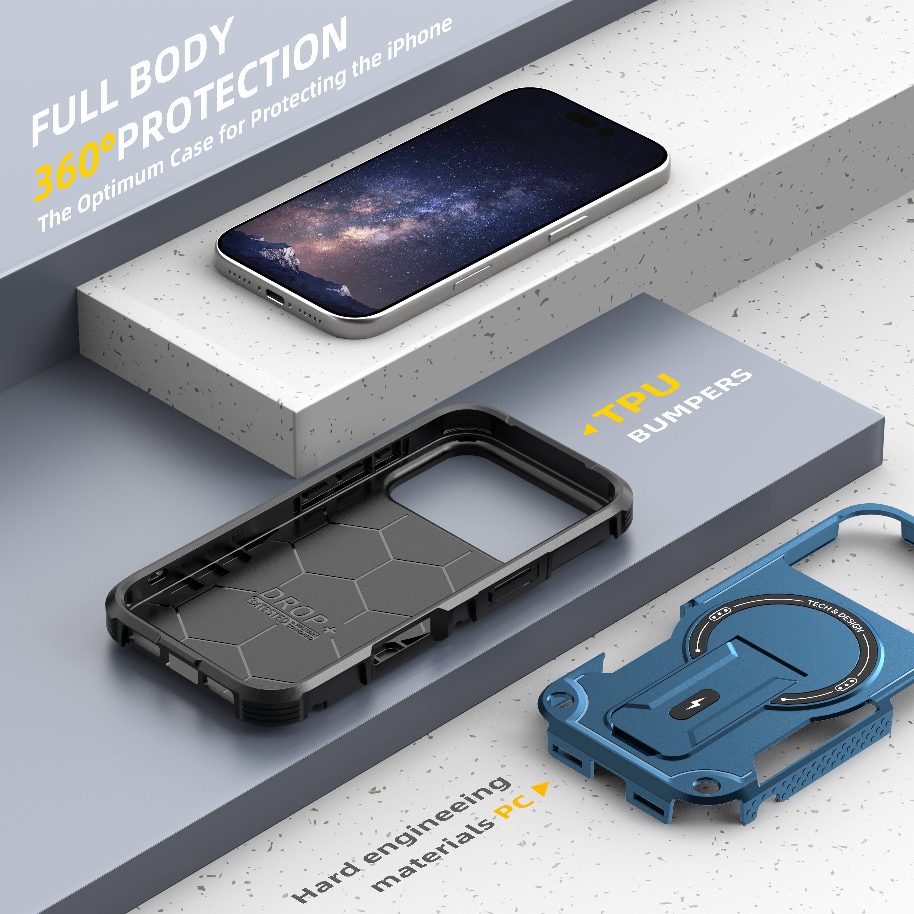 FULL BODY 360° PROTECTION  
The Optimum Case for Protecting the iPhone  

TPU BUMPERS  

DROP TESTED  

Hard engineering materials PC  

TECH & DESIGN