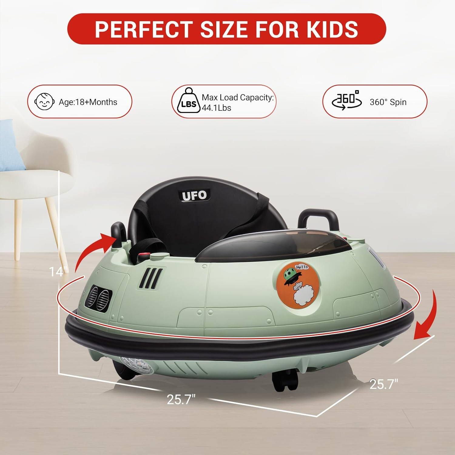 PERFECT SIZE FOR KIDS

- Age: 18+ Months
- Max Load Capacity: 44.1 Lbs
- 360° Spin
- Dimensions: 25.7" x 25.7" x 14"