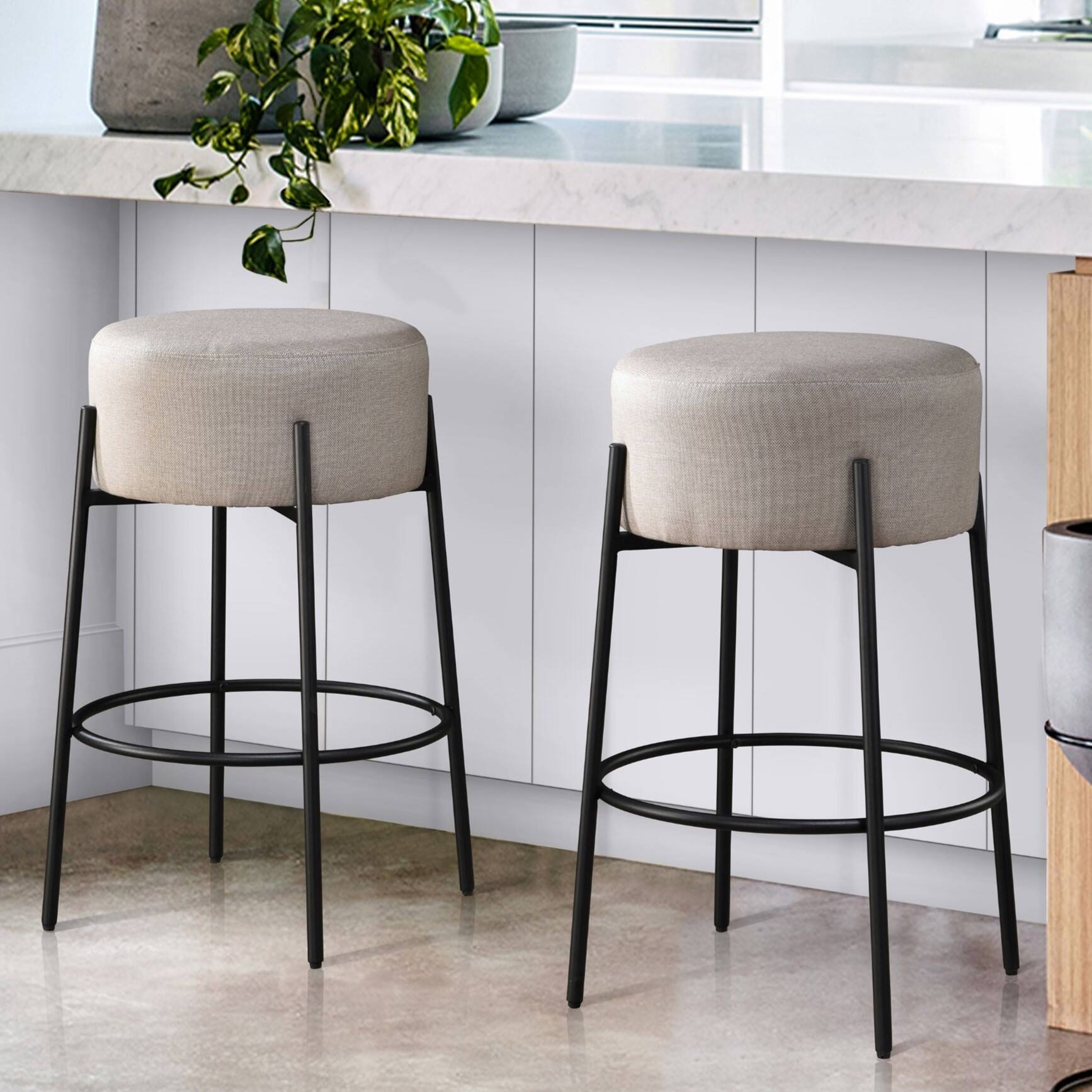 Angle. LuXeo - Danica 29" Barstool Black Steel Legs with Beige Fabric Upholstered Seat (Set of 2) - Black/Beige.