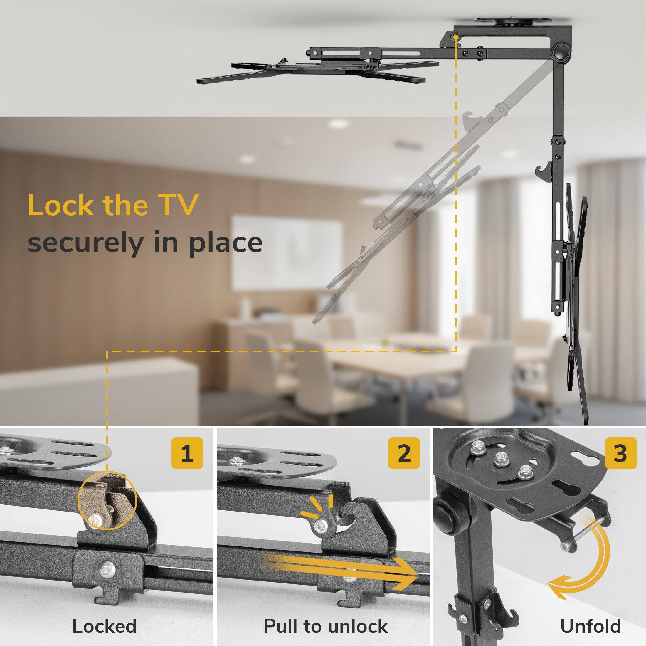 Lock the TV securely in place

1. Locked
2. Pull to unlock
3. Unfold