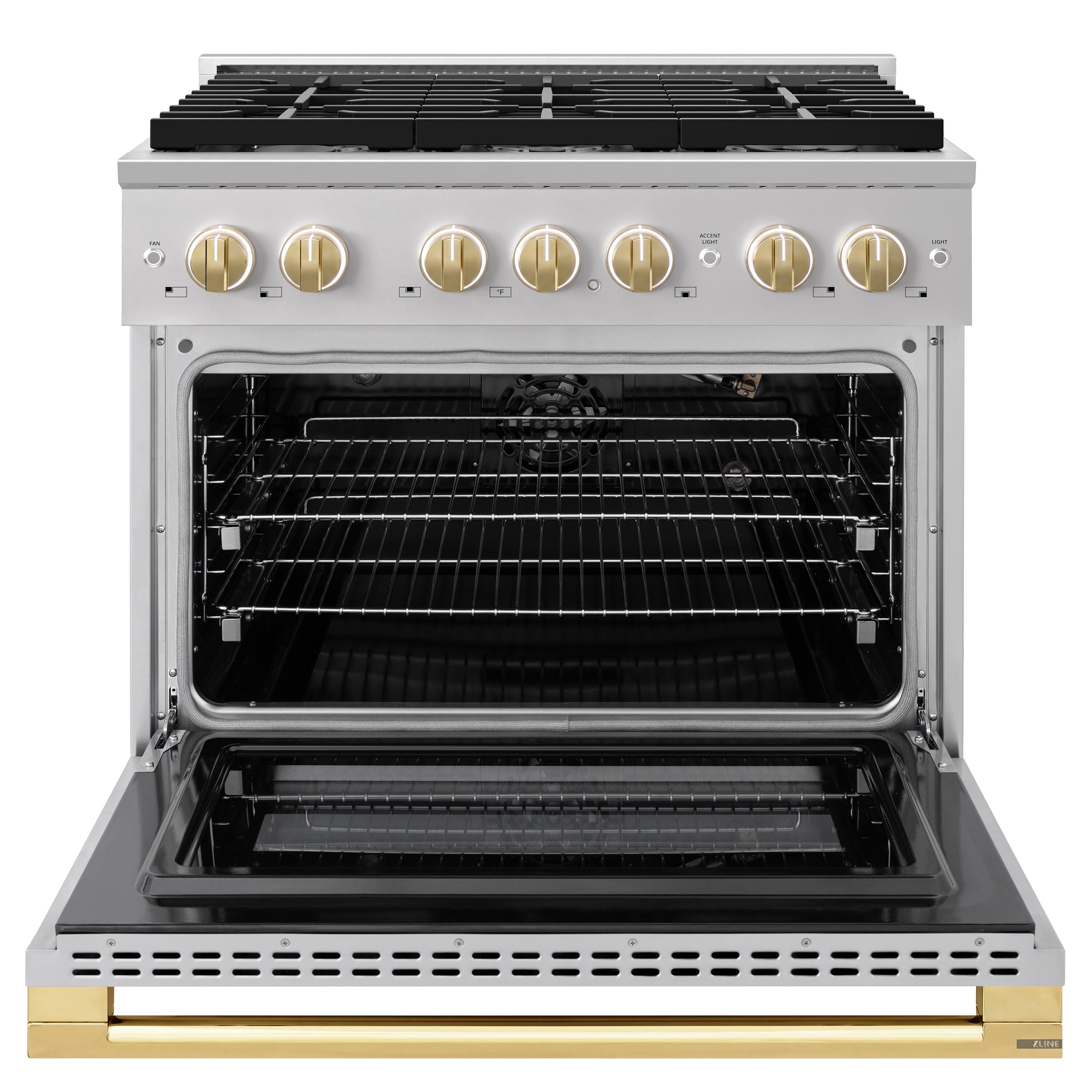 Angle. ZLINE - Autograph 36 in. 5.2 cu. ft. Marino Freestanding Gas Range with 6 Burners and Manual Clean Oven with Gold Accents - Stainless Steel.