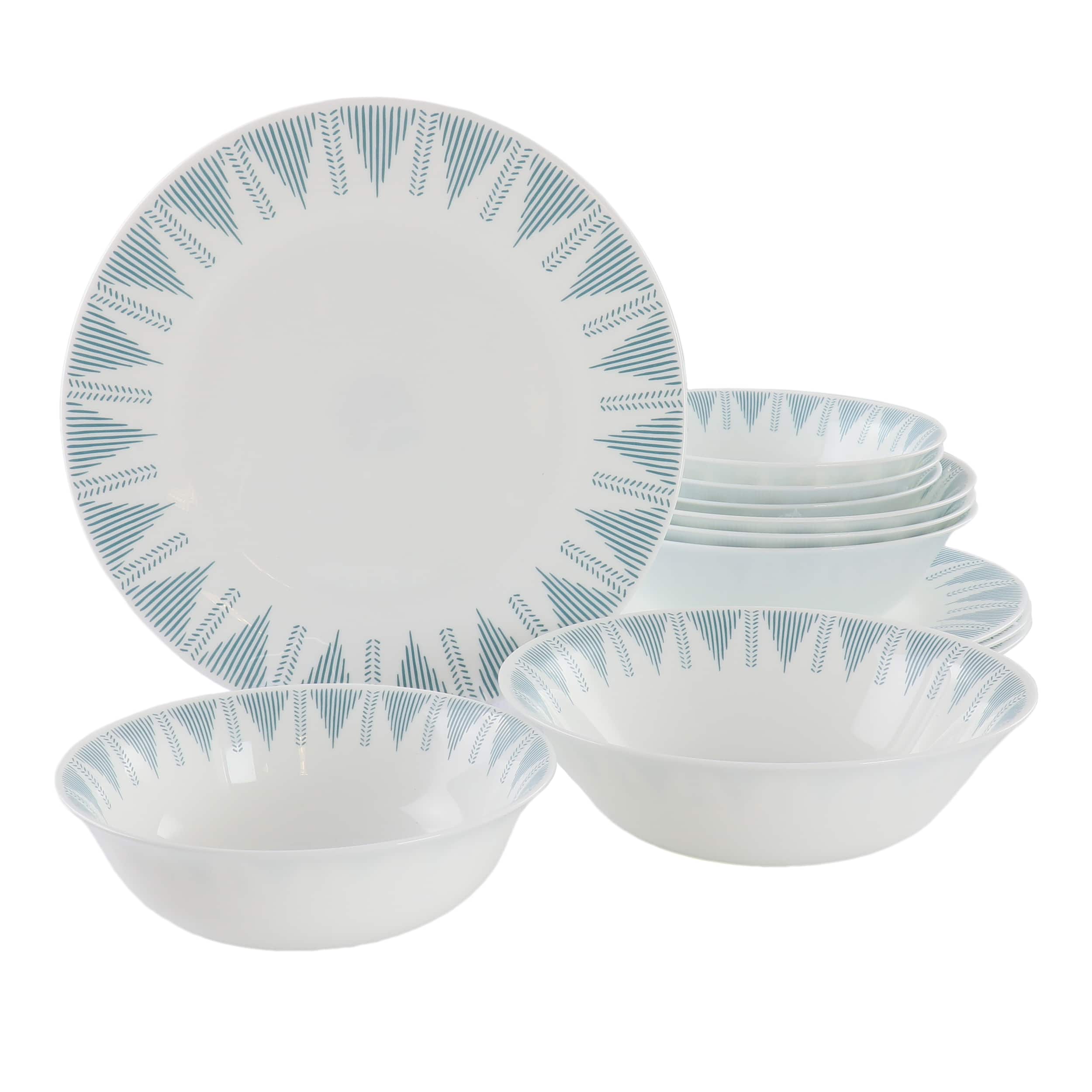 Ultra by Gibson Piper Point 12 Piece Opal Glass Dinnerware Set in White With Blue Accents - White and Blue
