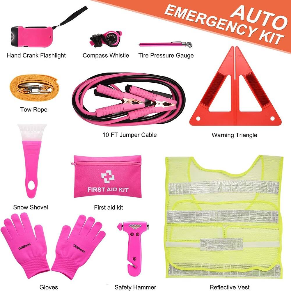 Sure, here is the corrected and grouped text from the image:

---

**EMERGENCY AUTO KIT**

- Hand Crank Flashlight
- Compass Whistle
- Tire Pressure Gauge
- Tow Rope
- 10 FT Jumper Cable
- Warning Triangle
- Snow Shovel
- First Aid Kit
- Gloves
- Safety Hammer
- Reflective Vest

---

**Items Included:**

1. **Hand Crank Flashlight**
2. **Compass Whistle**
3. **Tire Pressure Gauge**
4. **Tow Rope**
5. **10 FT Jumper Cable**
6. **Warning Triangle**
7. **Snow Shovel**
8. **First Aid Kit**
9. **Gloves**
10. **Safety Hammer**
11. **Reflective Vest**

---