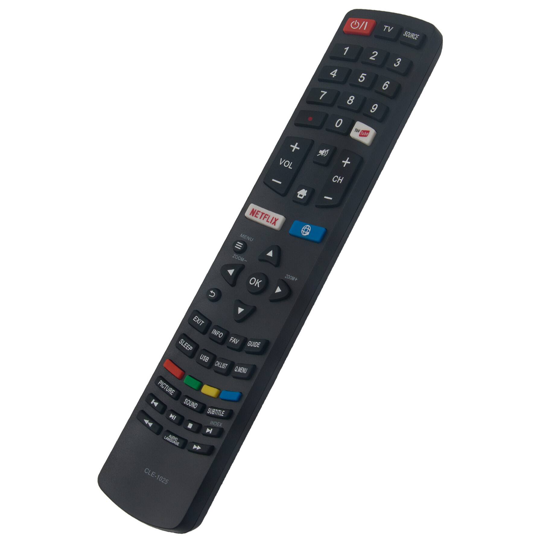 + VOL - 0/ TV SOURCE 1 2 3 4 5 6 7 8 9 0 - Sa 90 + CH NETFLIX MENU E A 200M- - U OK 200+ EXIT INFO SLEEP FAV GUIDE use CHUET CMENU PICTURE H SOUND MI SUBTILE . INDEX M ADO > CLE-1025