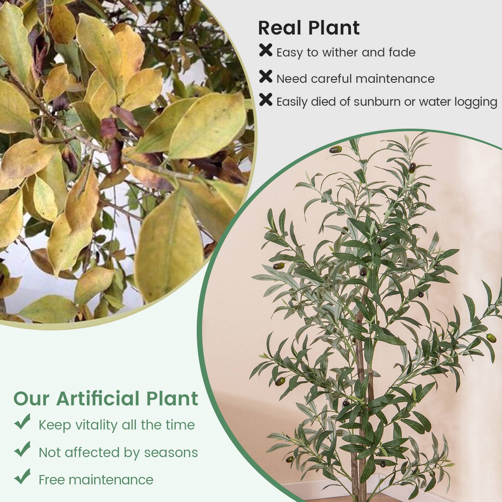 Real Plant  
- Easy to wither and fade  
- Need careful maintenance  
- Easily died of sunburn or water logging  

Our Artificial Plant  
- Keep vitality all the time  
- Not affected by seasons  
- Free maintenance