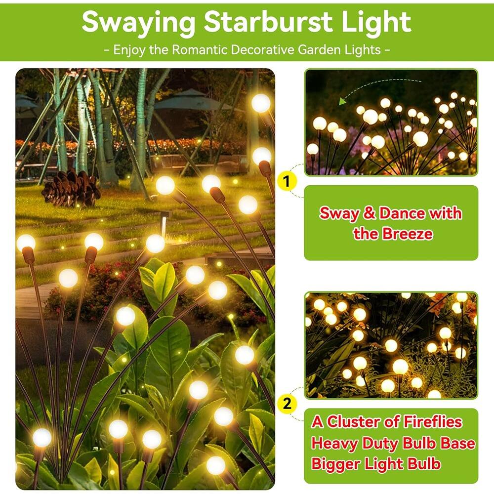 Swaying Starburst Light  
- Enjoy the Romantic Decorative Garden Lights -  

1. Sway & Dance with the Breeze  

2. A Cluster of Fireflies  
Heavy Duty Bulb Base  
Bigger Light Bulb
