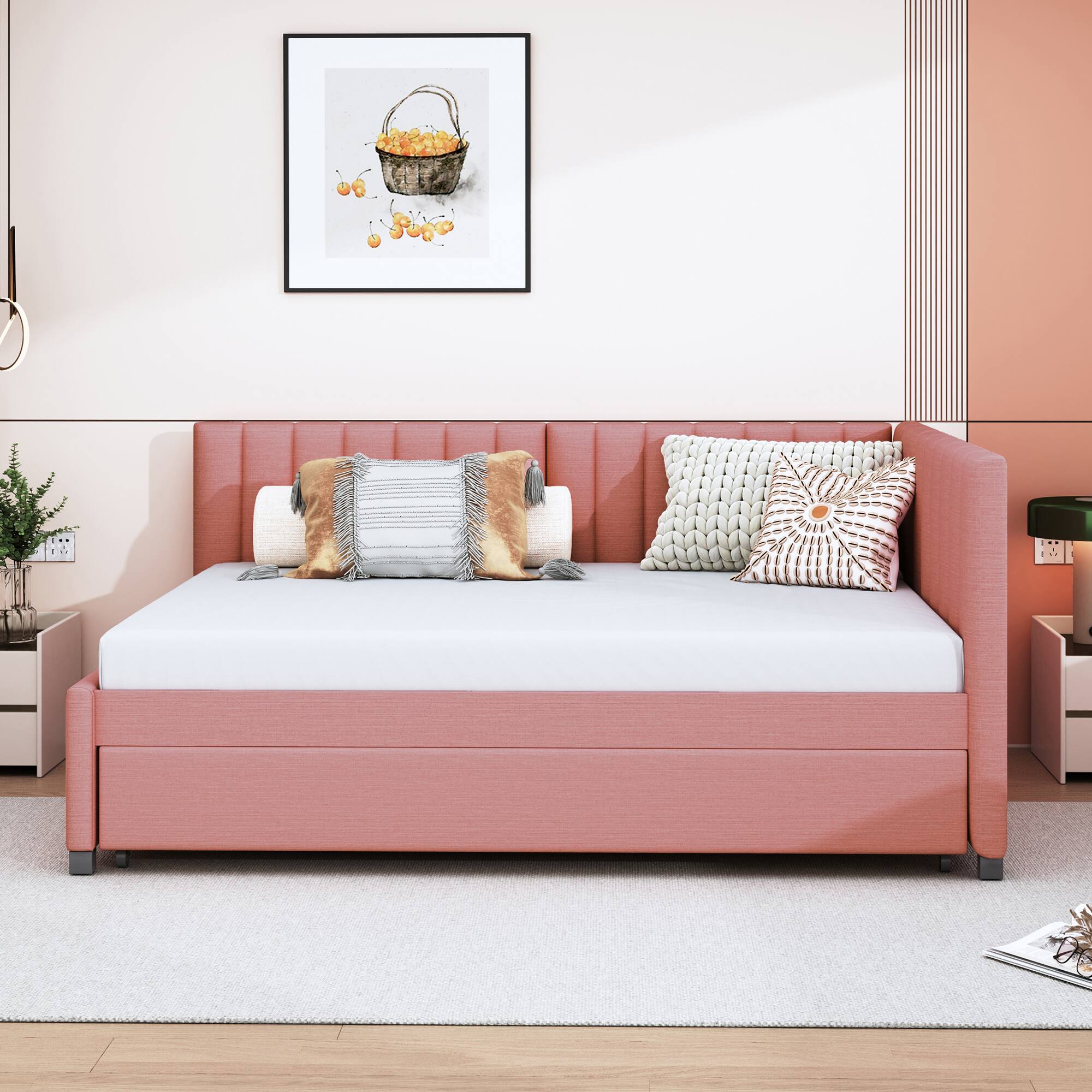 Angle. Tiramisubest - Full Size Upholstered Daybed with Trundle Sofa Bed Frame No Box Spring Needed, Linen Fabric(Pink) - Pink.