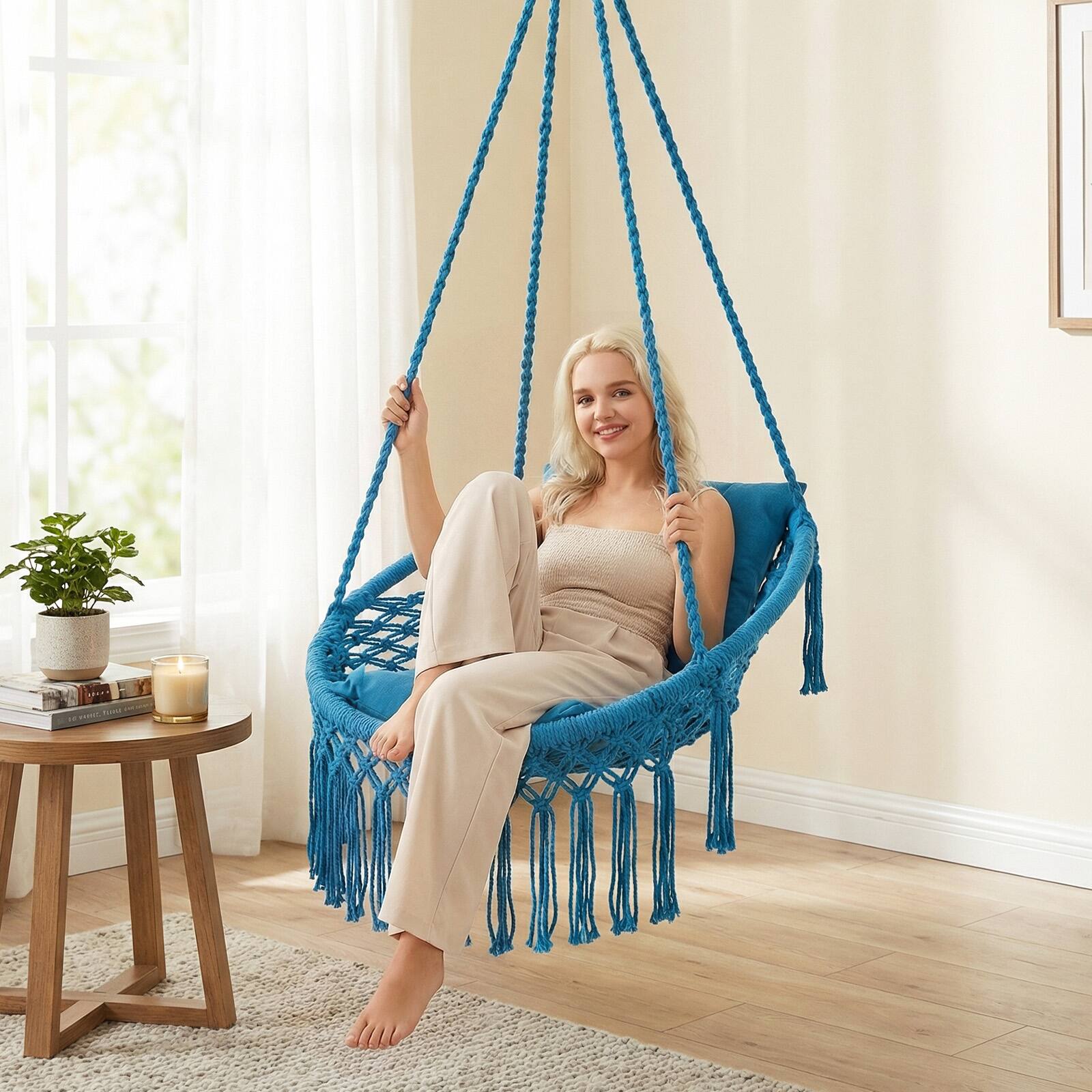 Alt View 1. Costway - Costway Macrame Swing Chair with 2 Removable Cushions, Enduring Polyester Cotton Ropes - Blue.
