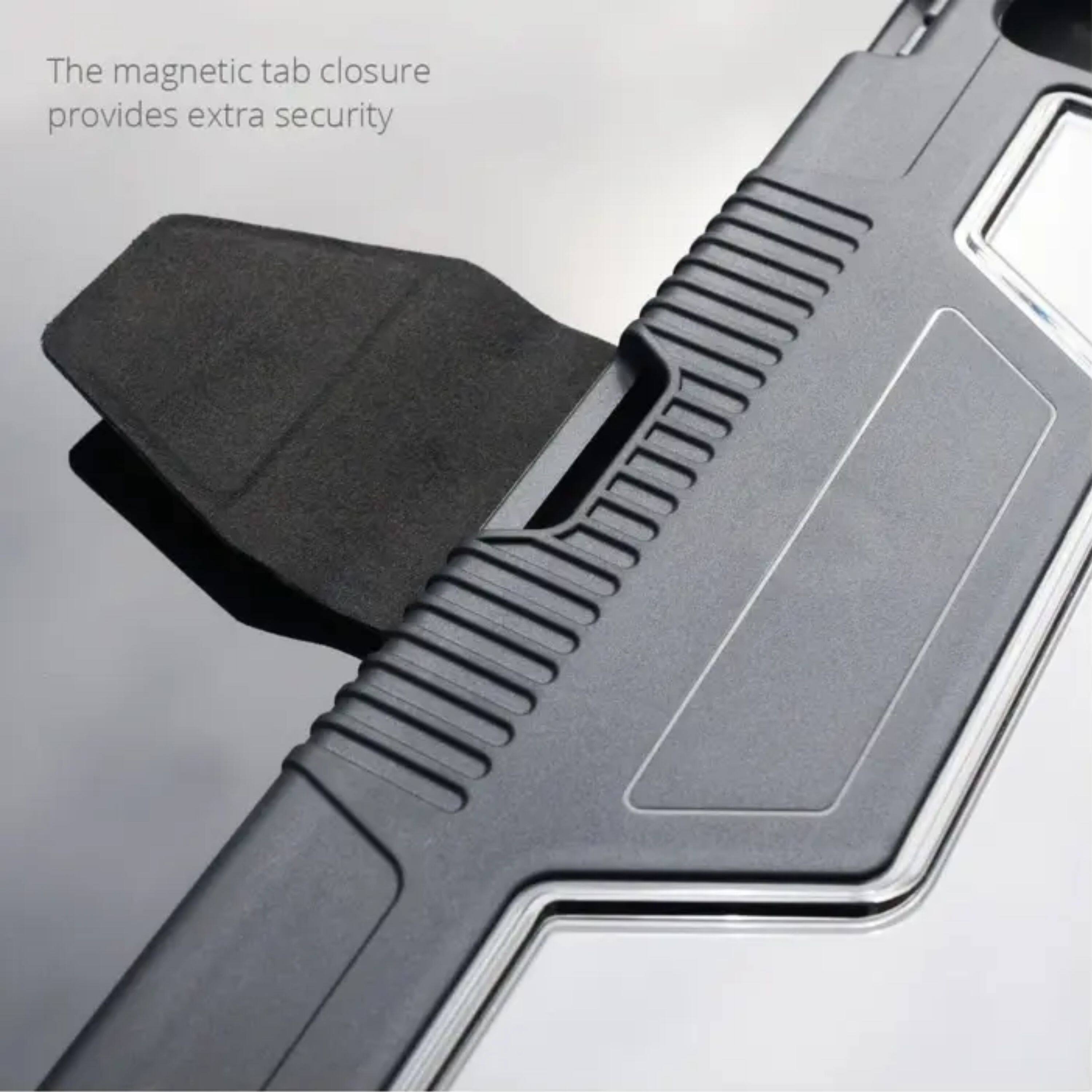 The magnetic tab closure provides extra security