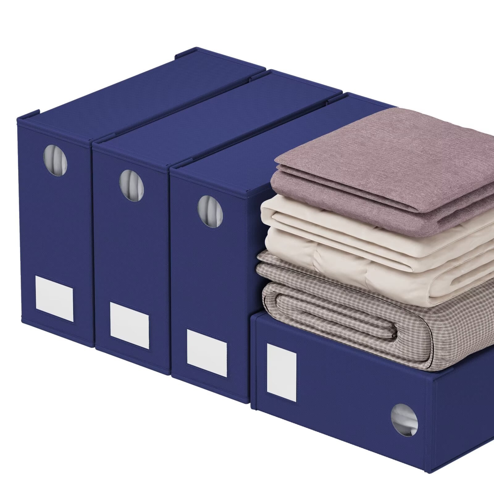 Tooloton - Bed Sheet Organizers 4 Pack, Linen Closet Storage with Window, Queen King Size Bedding Container - Blue