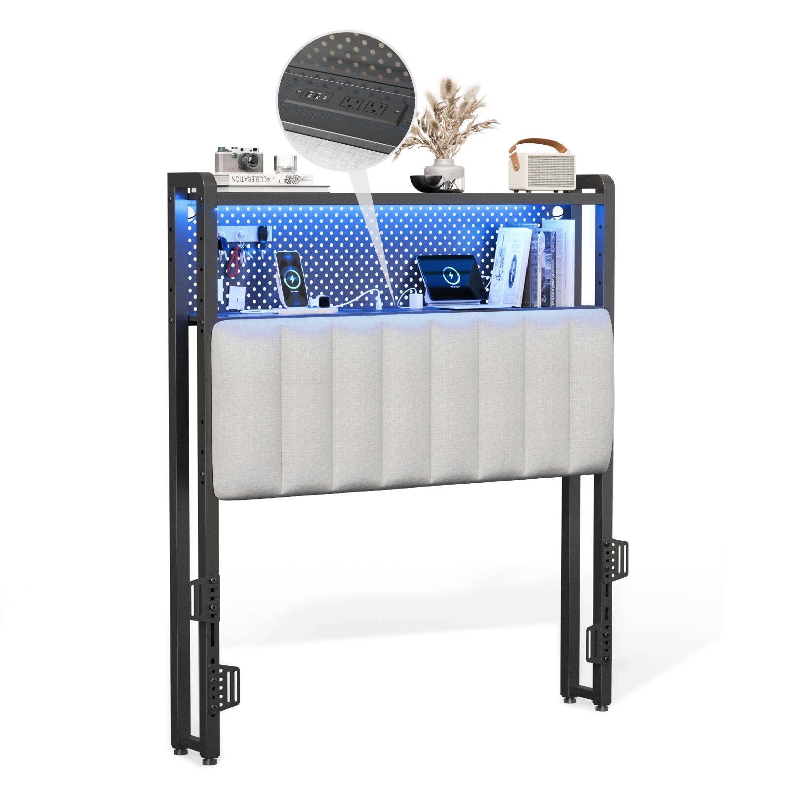 Front. Winado - Twin Size Adjustable Upholstered Headboard Only with 2 Tier Shelves and Pegboard with Charging Stations and LED Lights - Grey.