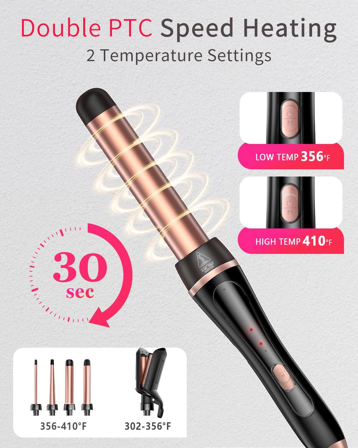 Double PTC Speed Heating  
2 Temperature Settings  

LOW TEMP 356°F  
HIGH TEMP 410°F  

30 sec  

356-410°F  
302-356°F