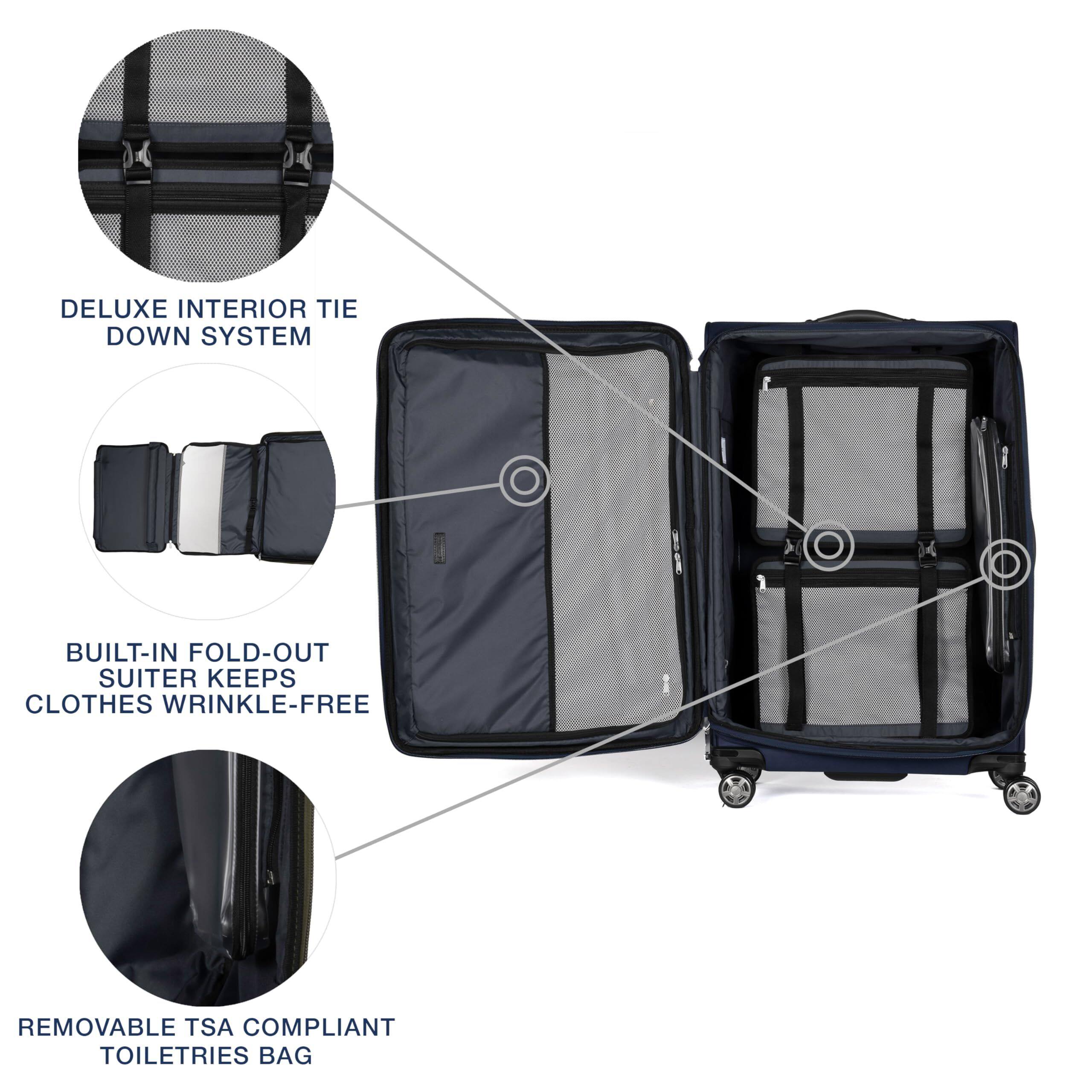 DELUXE INTERIOR TIE DOWN SYSTEM  
BUILT-IN FOLD-OUT SUITER KEEPS CLOTHES WRINKLE-FREE  
REMOVABLE TSA COMPLIANT TOILETRIES BAG