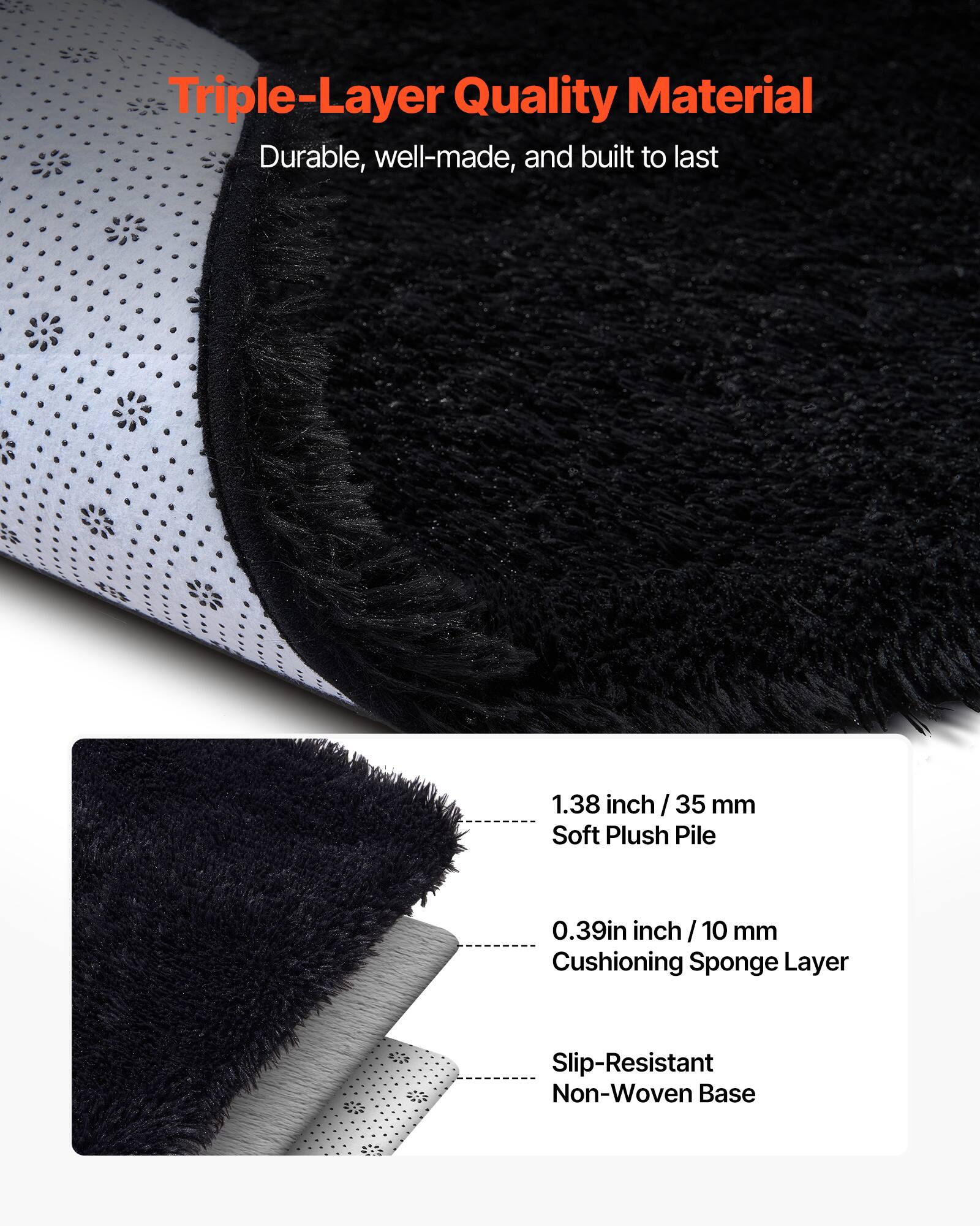 Triple-Layer Quality Material  
Durable, well-made, and built to last  

1.38 inch / 35 mm  
Soft Plush Pile  

0.39 inch / 10 mm  
Cushioning Sponge Layer  

Slip-Resistant  
Non-Woven Base