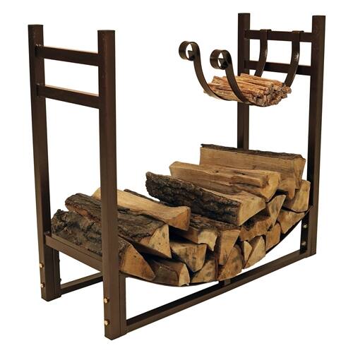 Left. SlickBlue - Bronze Metal Firewood Log Rack for Indoor Outdoor Use with Removable Kindle Holder - Bronze.
