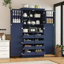 Forest'nSky - 70.9" Freestanding Pantry Cabinet, 35.5" Wide with 8 Pull-Out Trays & Door Shelves for Dining Room - Blue