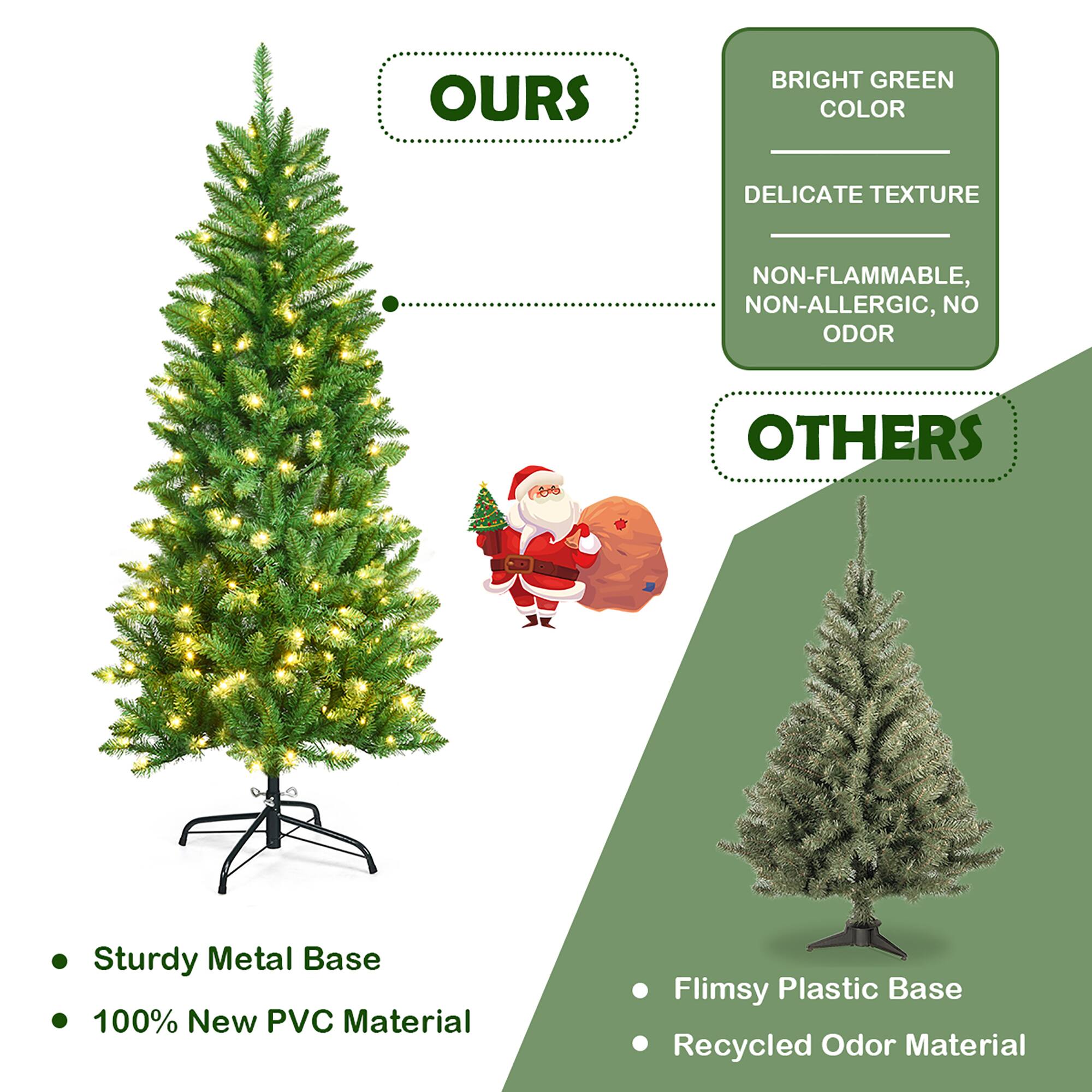 OURS: Bright Green Color, Delicate Texture, Non-flammable, Non-allergic, No Odor.
OTHERS: Sturdy Metal Base, 100% New PVC Material, Flimsy Plastic Base, Recycled Odor Material.