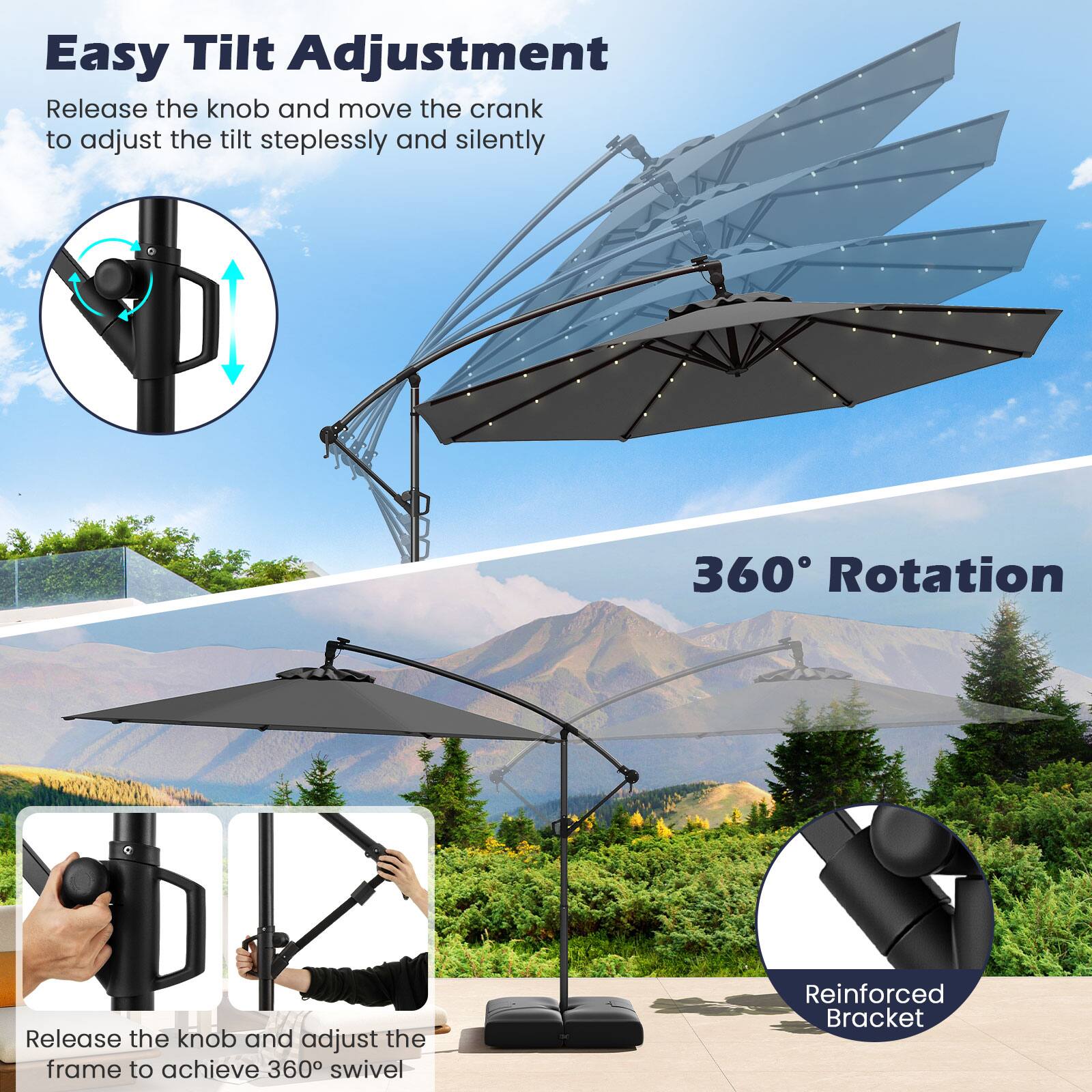 Easy Tilt Adjustment  
Release the knob and move the crank to adjust the tilt steplessly and silently  

360° Rotation  
Release the knob and adjust the frame to achieve 360° swivel  

Reinforced Bracket