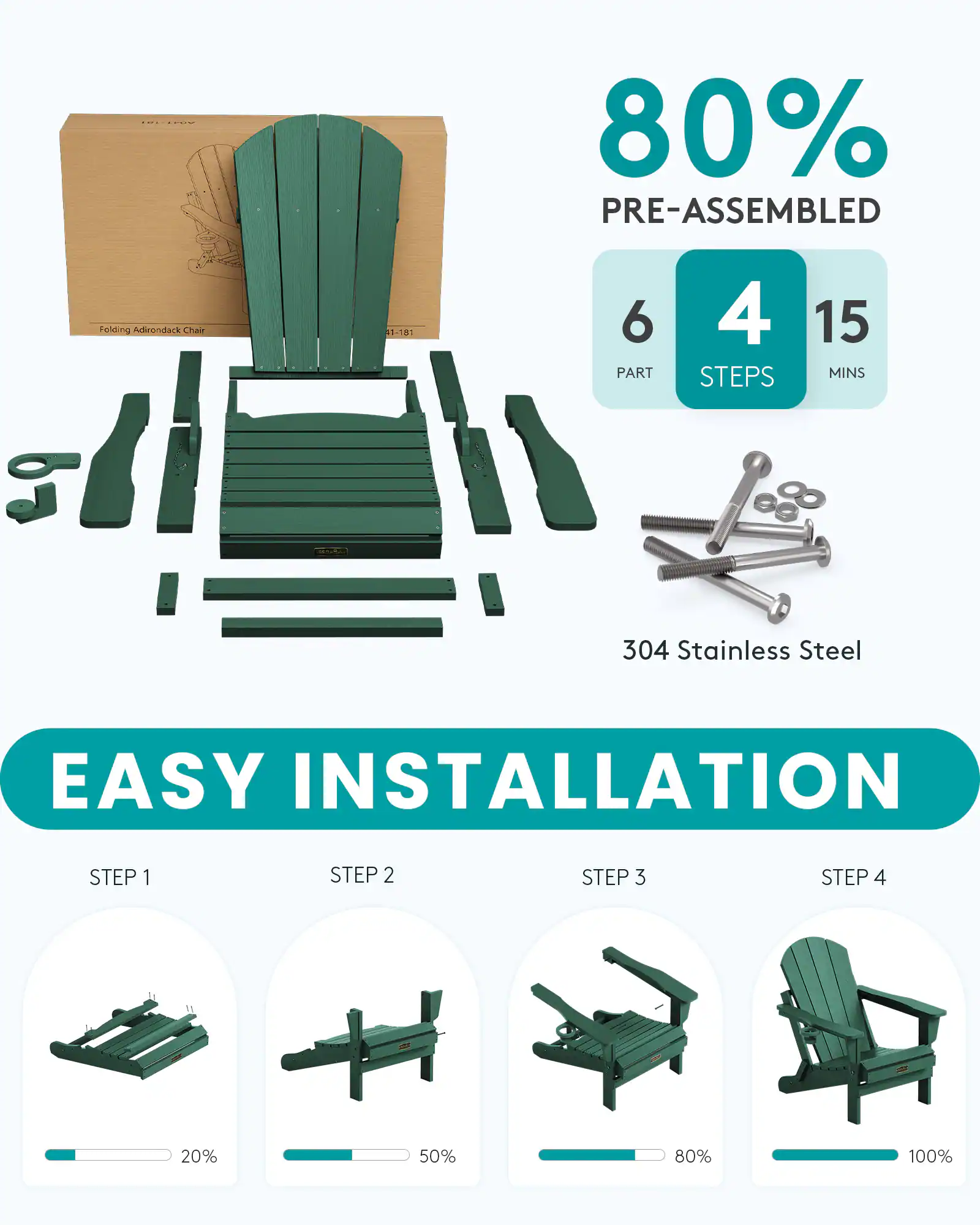 SERWALL Folding Adirondack Chair Set of 6, Weather Resistant Chair with ...