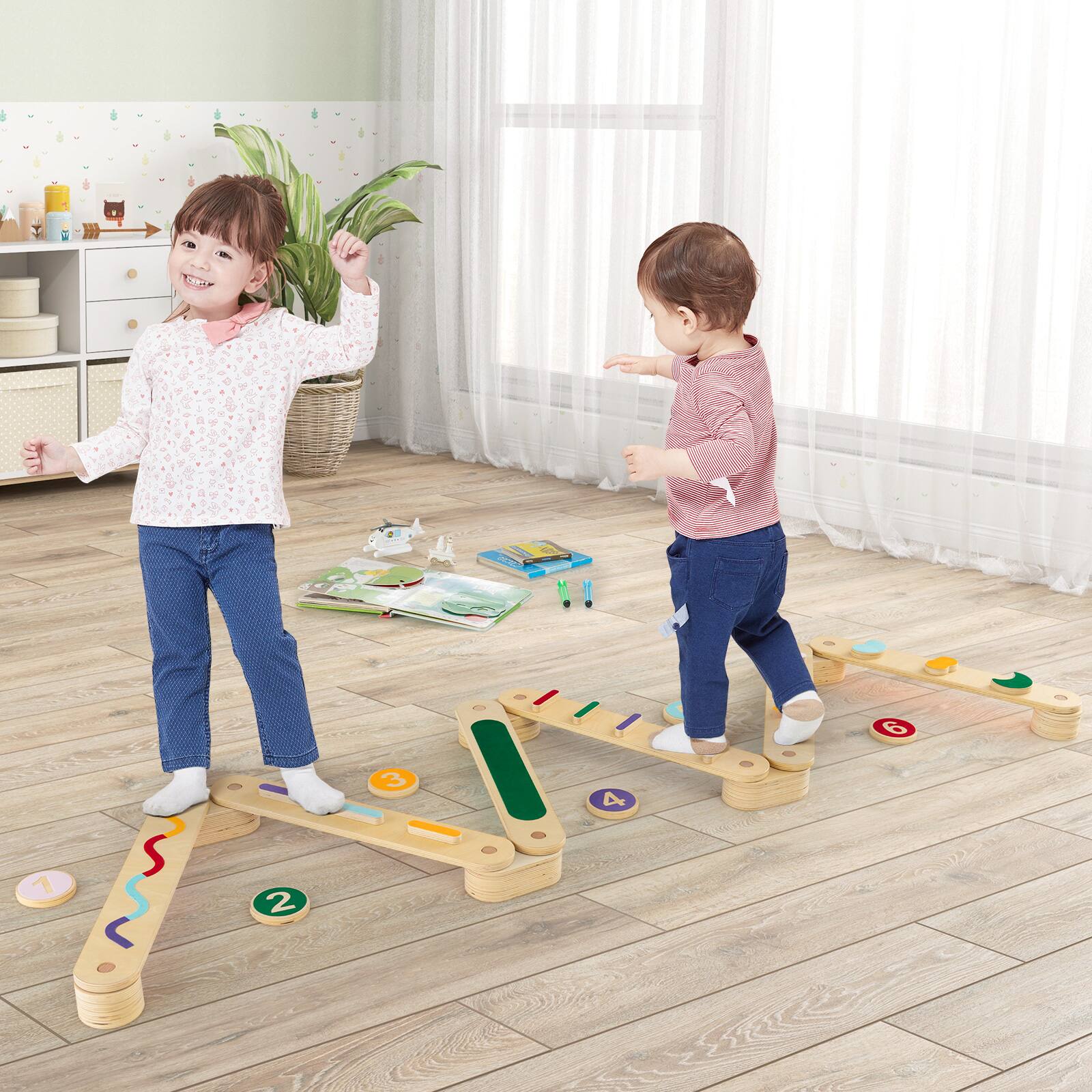 Alt View 4. Gymax - Gymax Wooden Balance Beam w/ Stepping Stones Balance Board Toy Playset for 1+ Toddlers - Multi-Color.