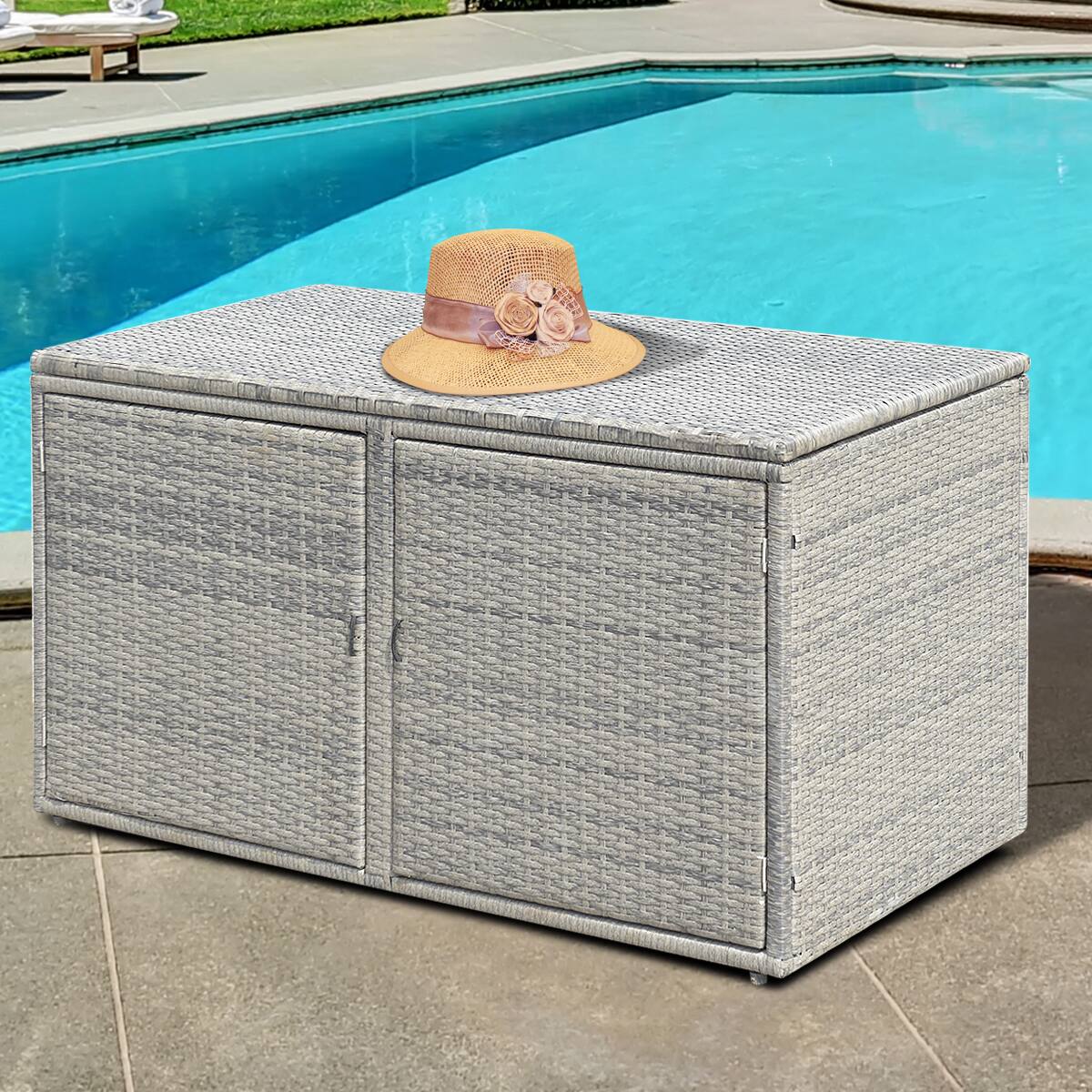 Alt View 3. Gymax - Gymax 88 Gallon Rattan Storage Box Outdoor Patio Container Seat w/ Shelf Door - Grey.