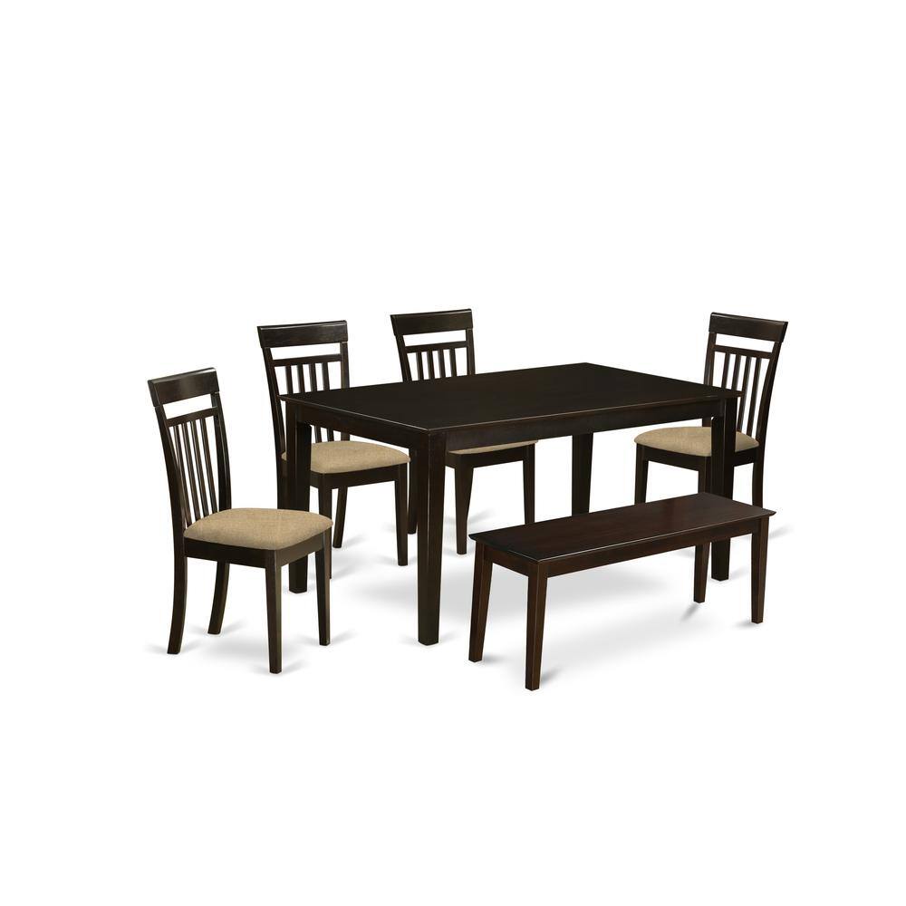 Back. East West Furniture - CAP6S-CAP-C 6 PC Dining room set-Top Kitchen Table and 4 Kitchen Chairs plus a bench - Cappuccino.