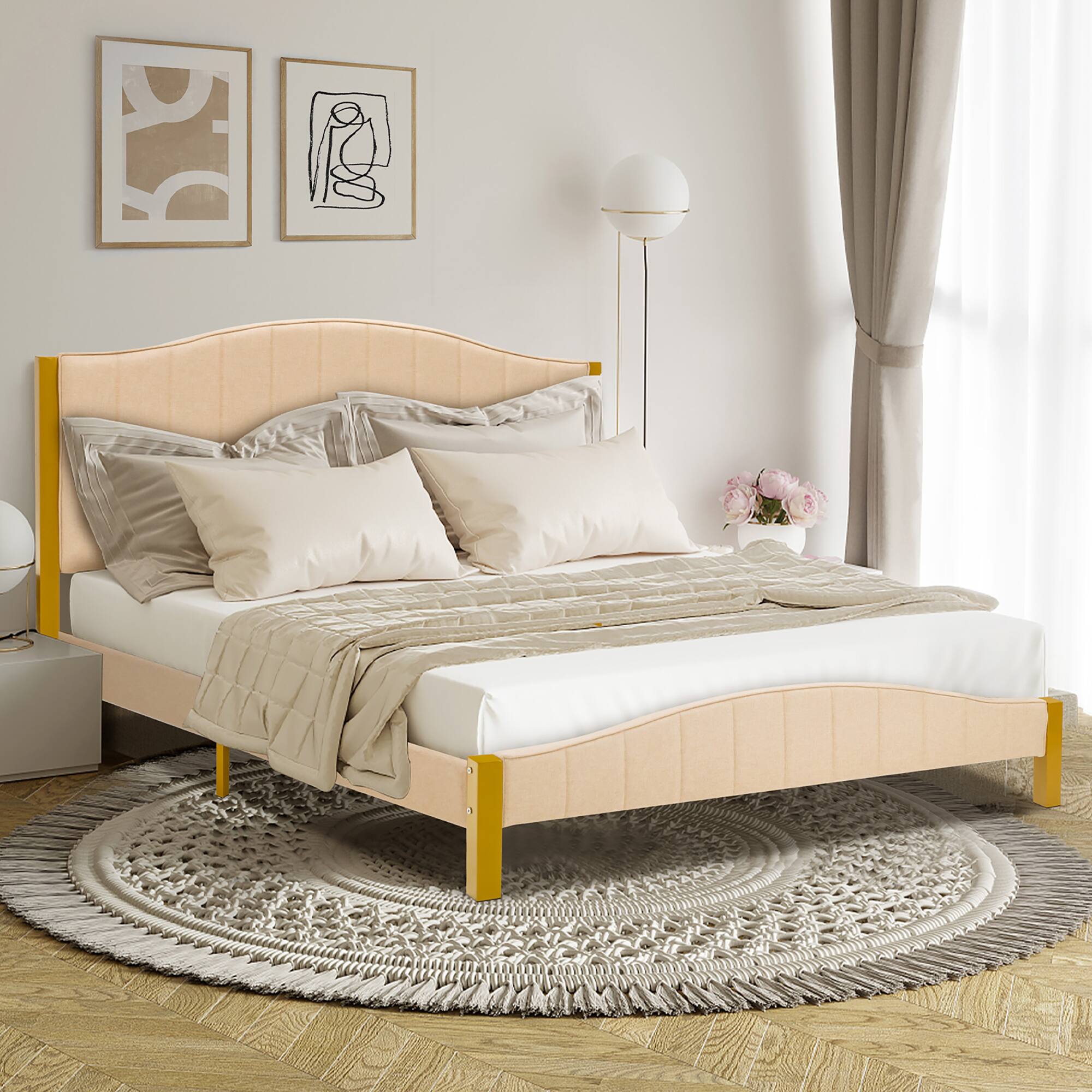 Alt View 1. Costway - Costway Queen Size Upholstered Bed Frame Mattress Foundation Platform Quilted Headboard - Gold,Beige.